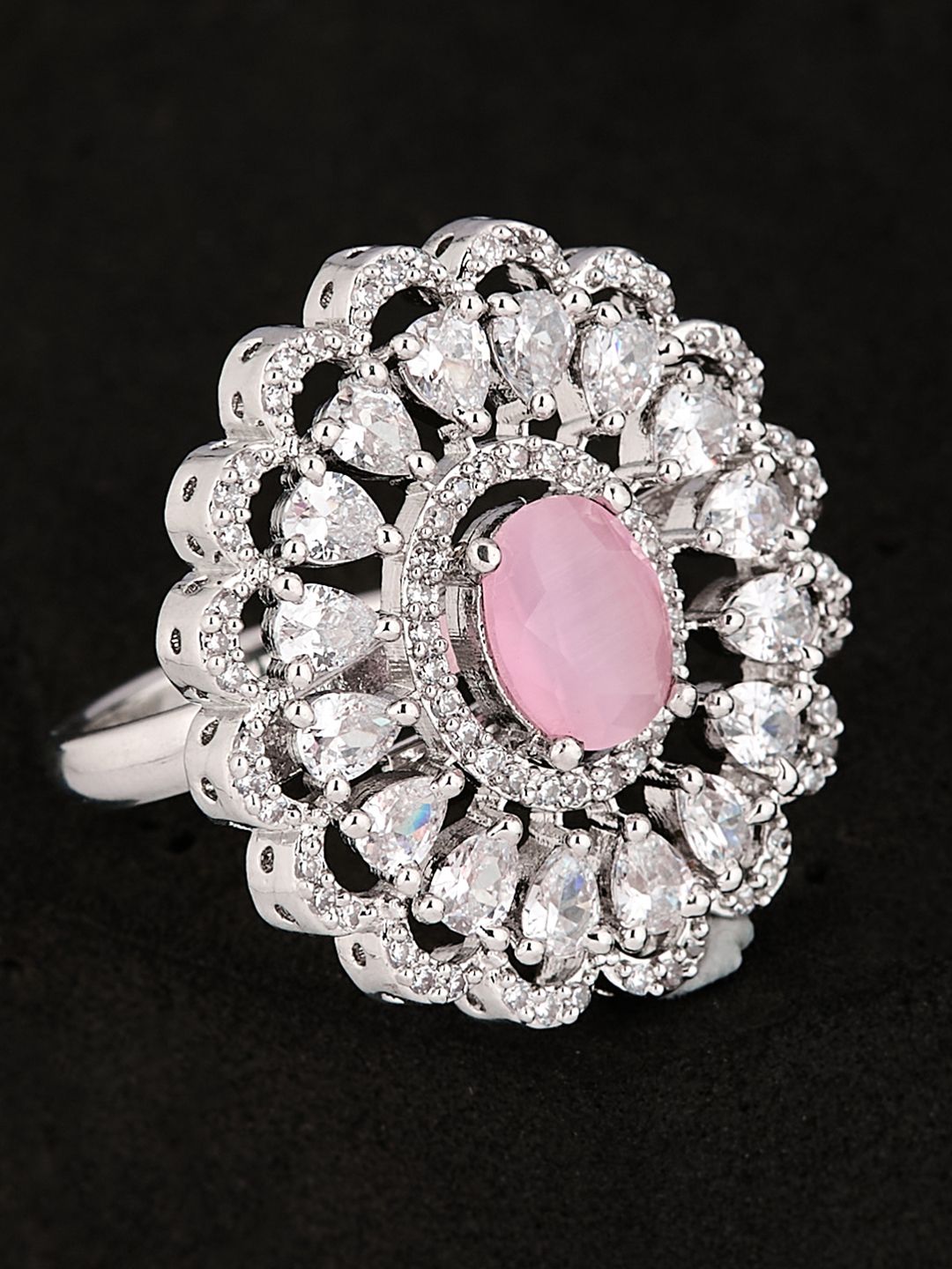 ATIBELLE Silver Plated CZ Stone Studded Finger Ring