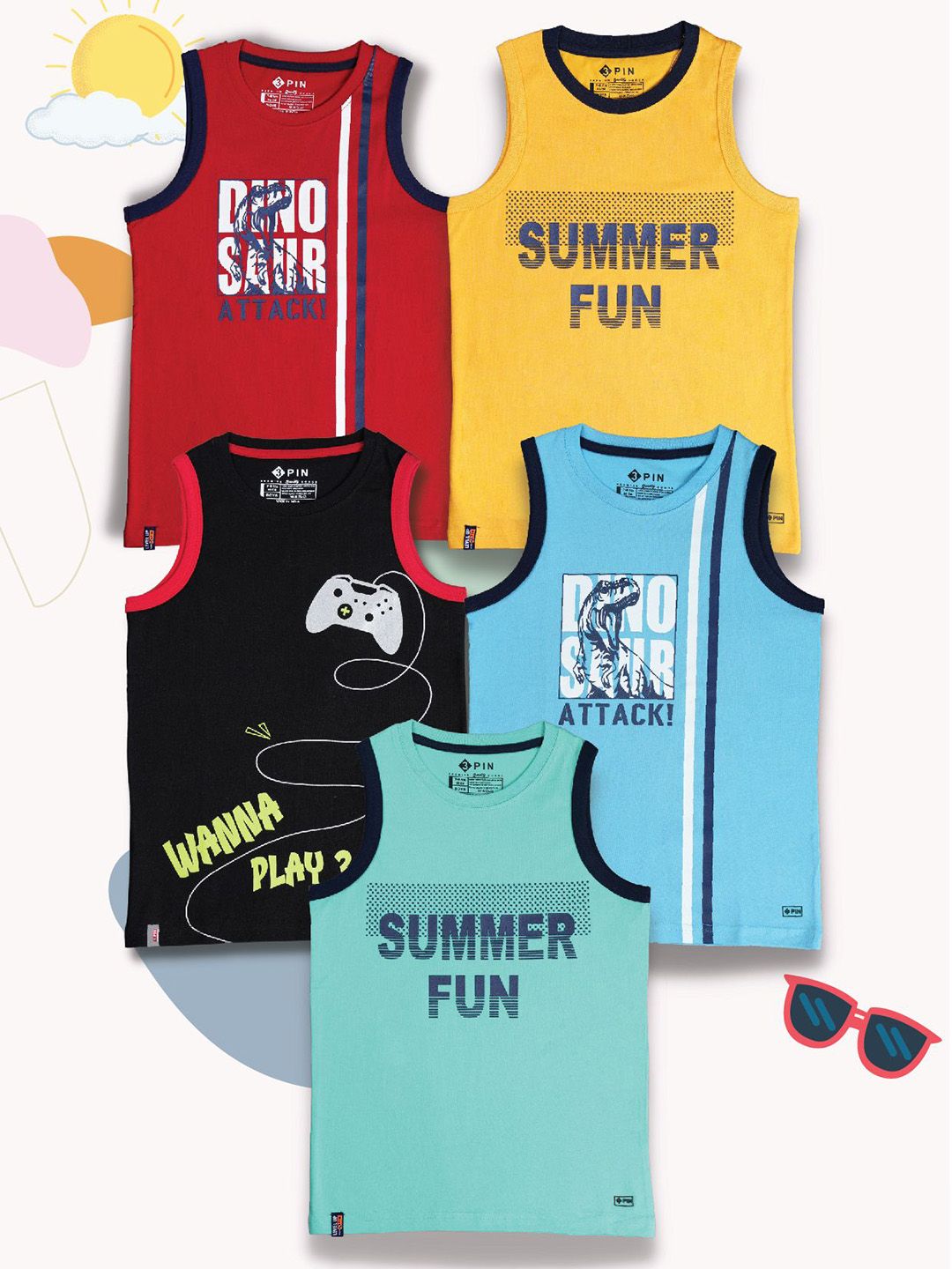 3PIN Pack Of 5 Printed Pure Cotton Boys Basic VestsBENJAMIN-picture-24