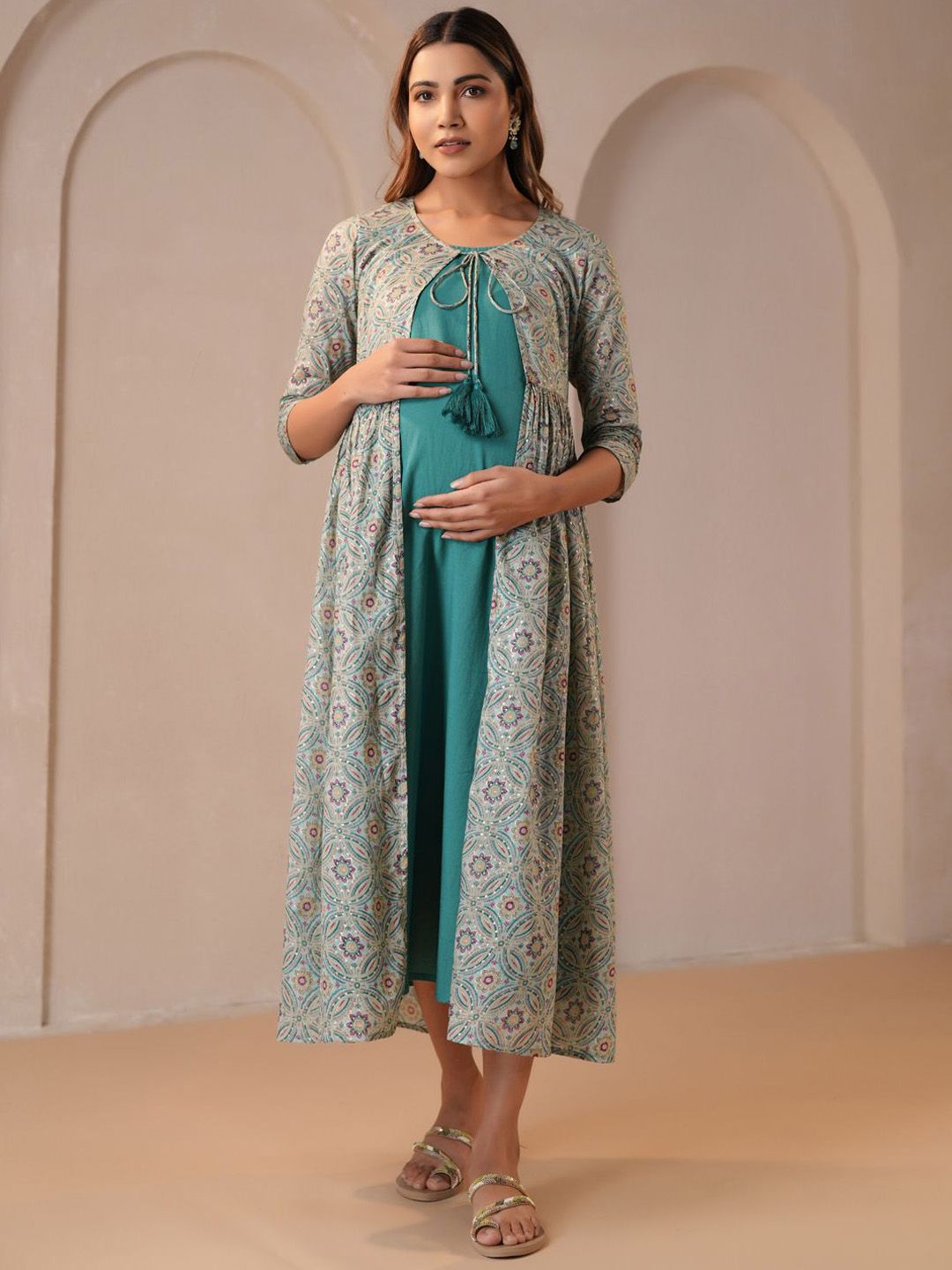anayna Printed Fit & Flared Maternity Ethnic Dresses With Jacket-picture-15