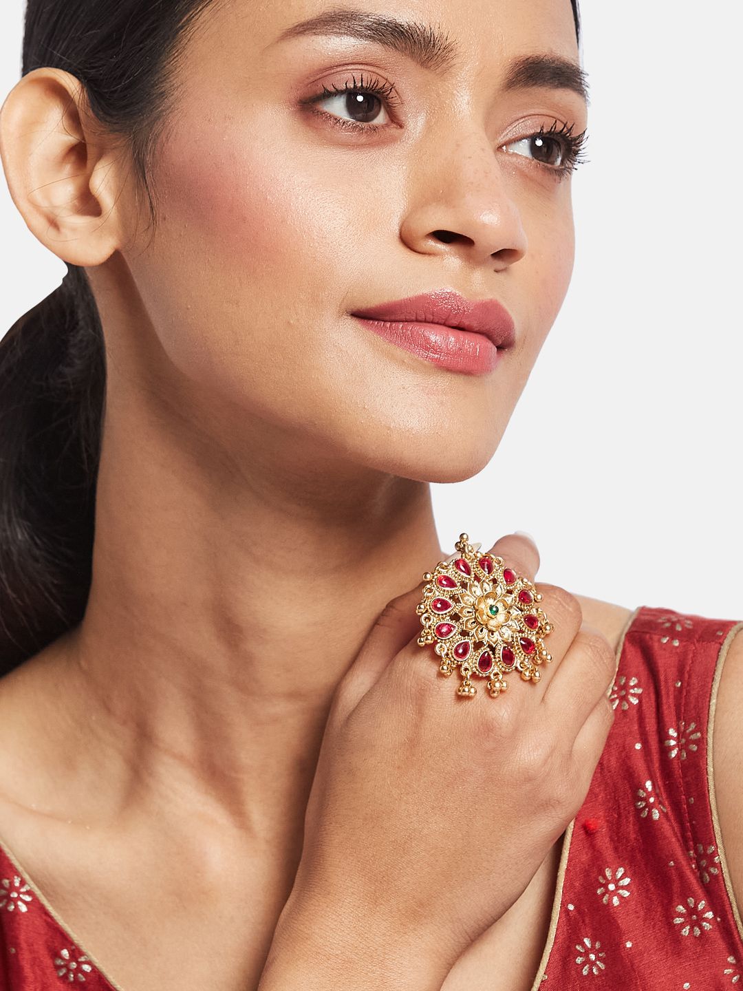 ATIBELLE Gold Plated Kundan Stone Studded Finger Ring