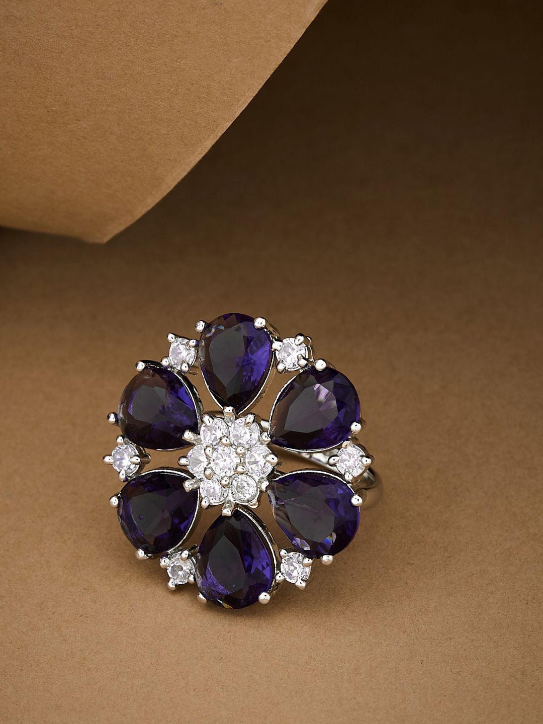 ATIBELLE Silver Plated CZ Stone Studded Finger Ring