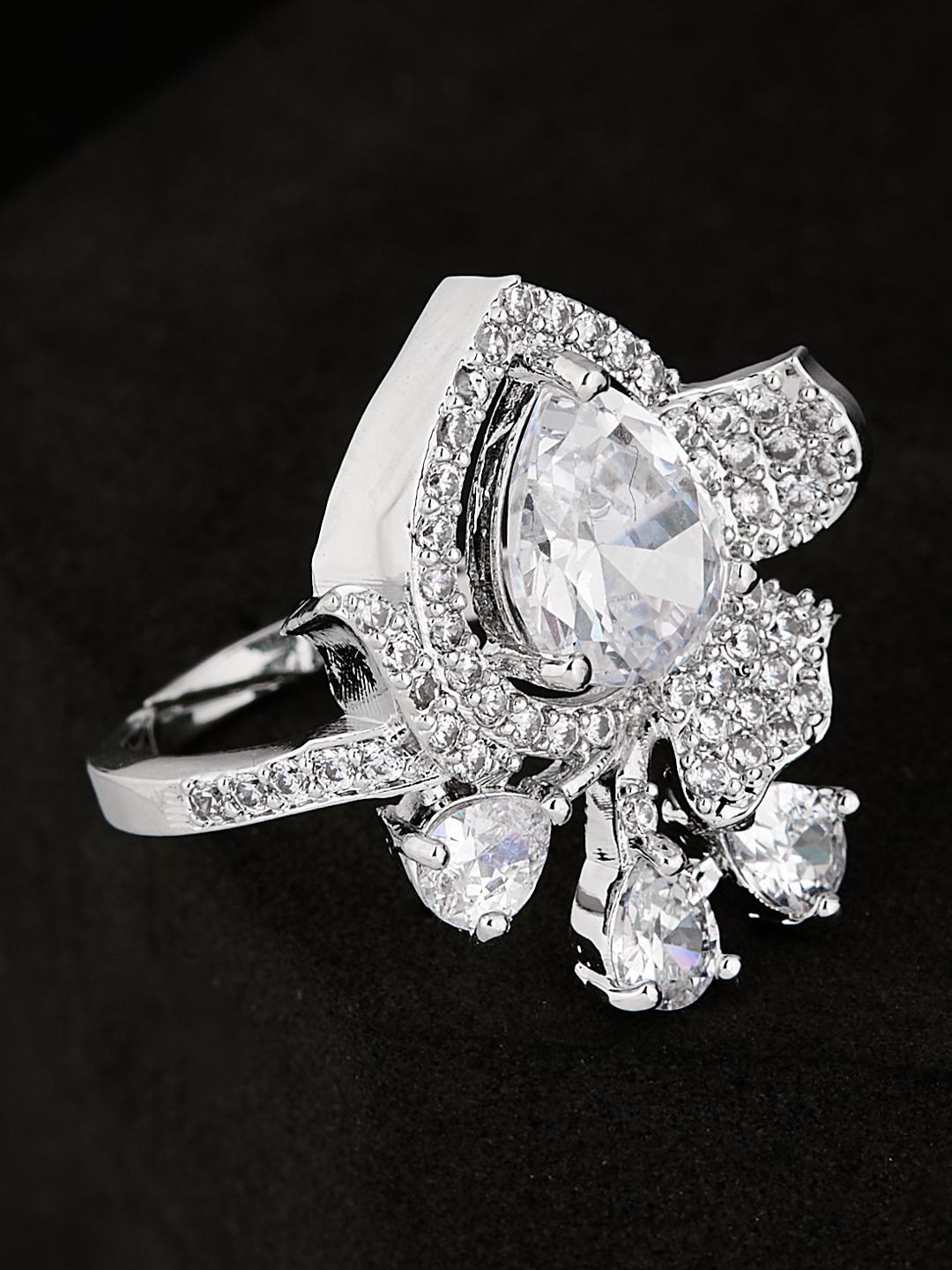 ATIBELLE Silver Plated CZ Stone Studded Finger Ring