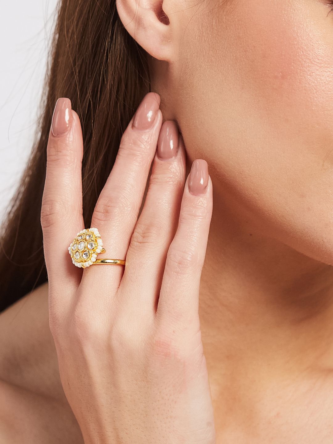 ATIBELLE Gold Plated Kundan Stone Studded & Beaded Finger Ring