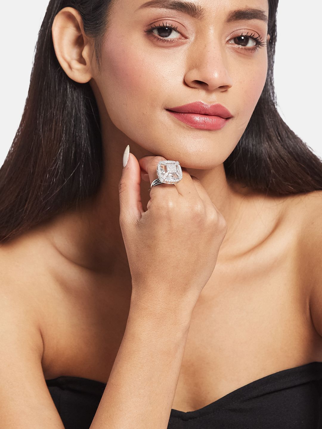 ATIBELLE Silver Plated CZ Stone Studded Finger Ring