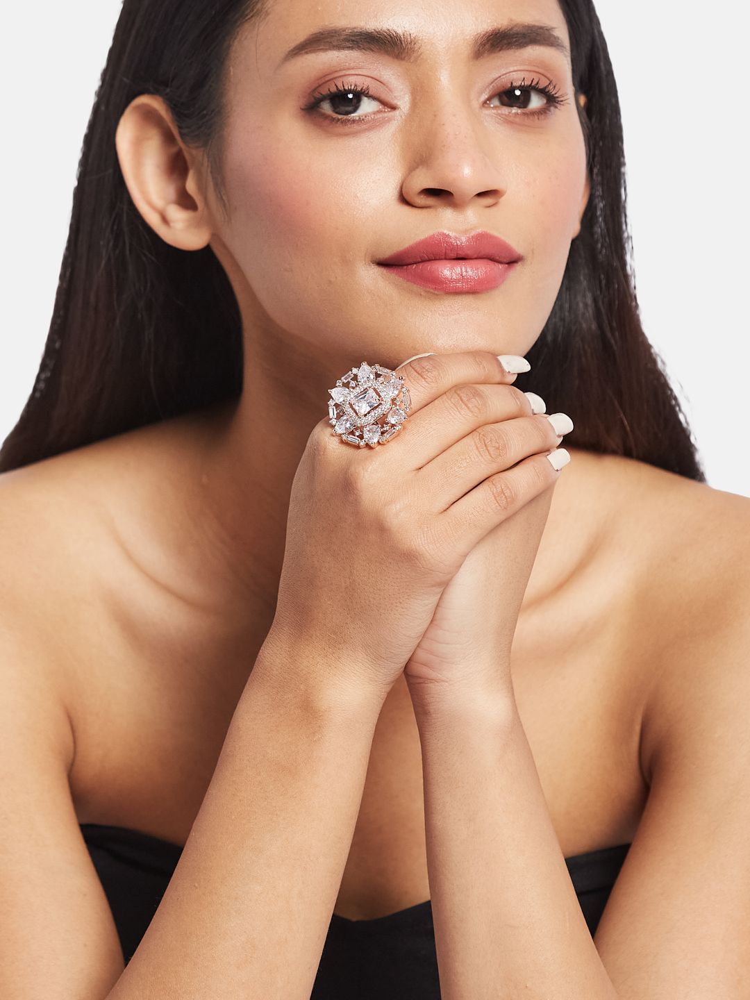 ATIBELLE Rose Gold Plated CZ Stone Studded Finger Ring