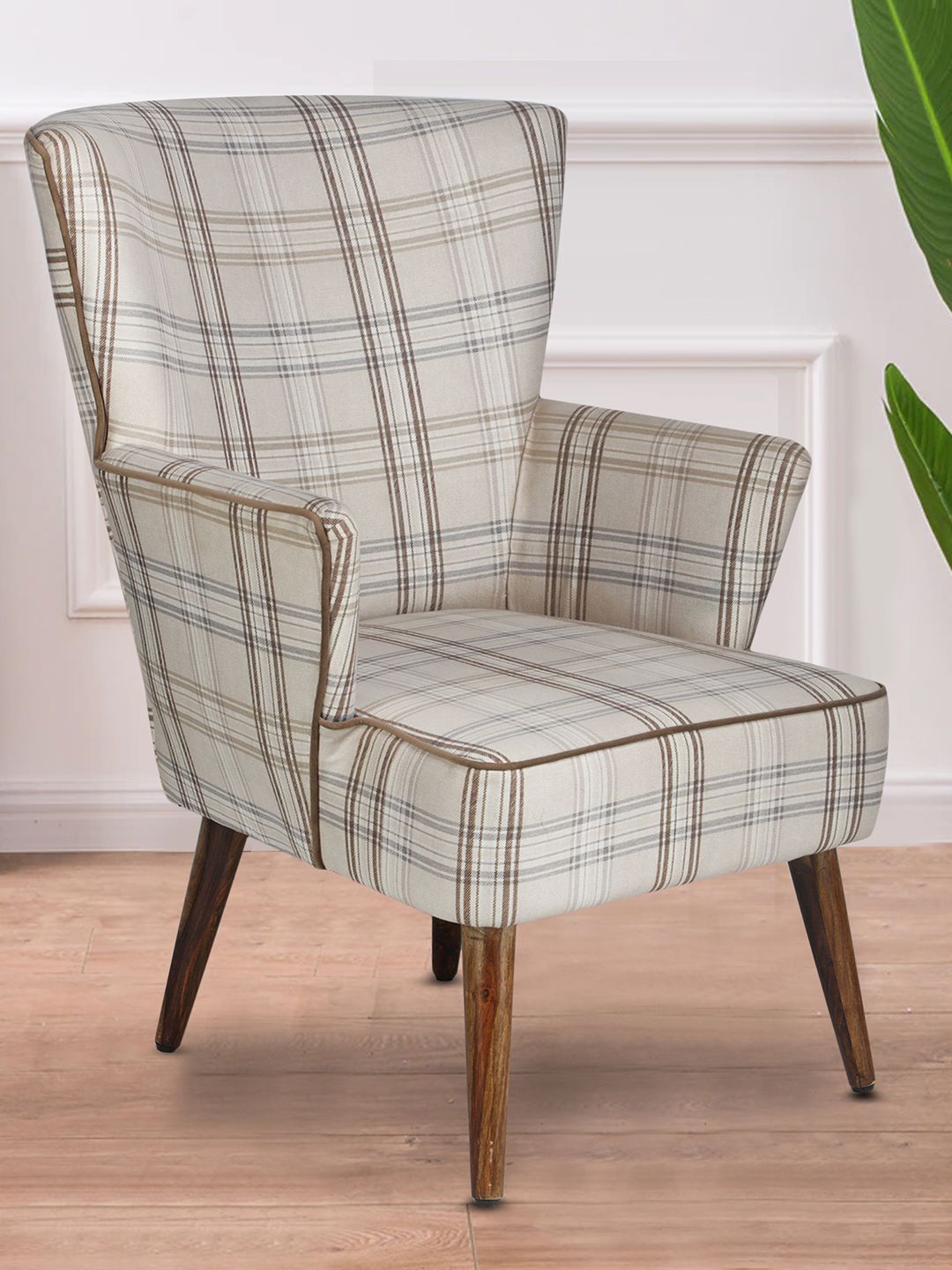 GLOBALLY INDIAN Beige And Brown Checked Accent Wooden Lounge Chair