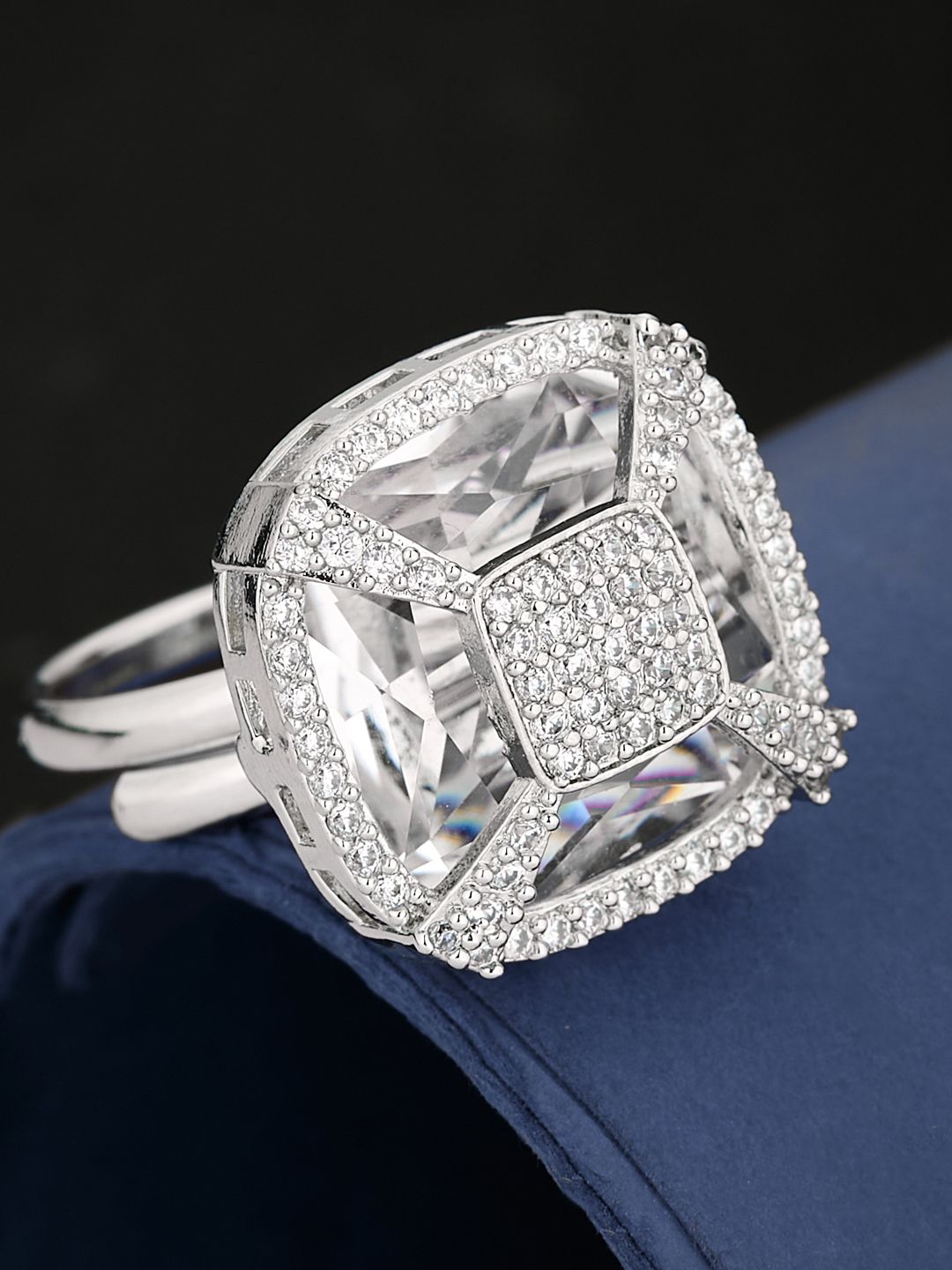 ATIBELLE Silver Plated CZ Stone Studded Finger Ring
