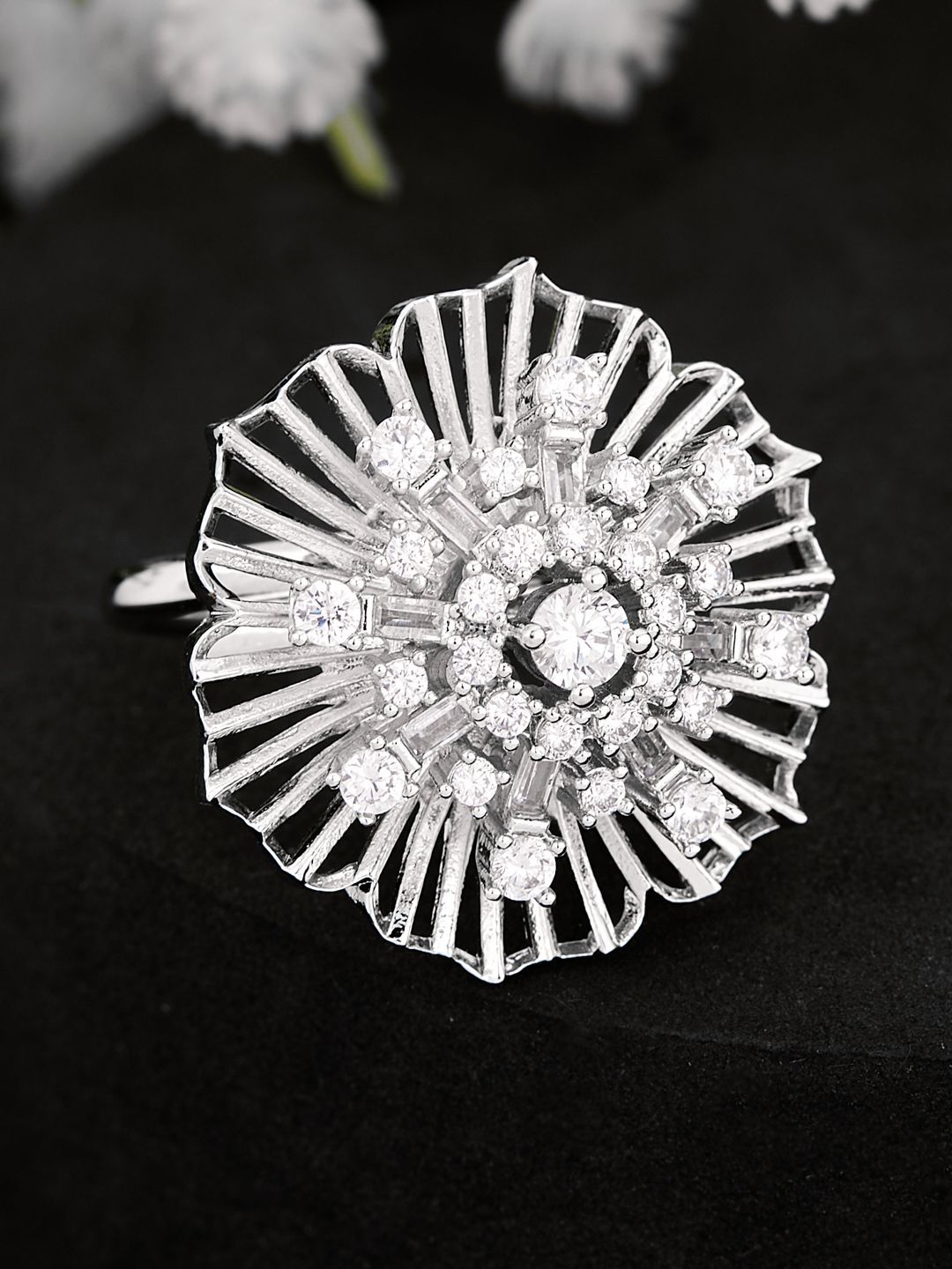 ATIBELLE Silver Plated CZ Stone Studded Finger Ring