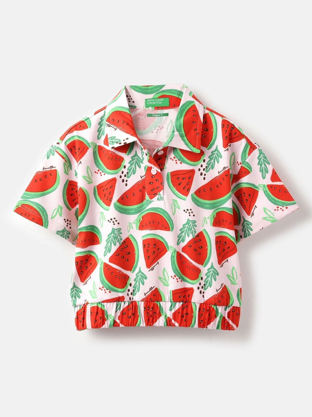 United Colors of Benetton Girls Printed Polo Collar Pure Cotton Pockets T-shirt