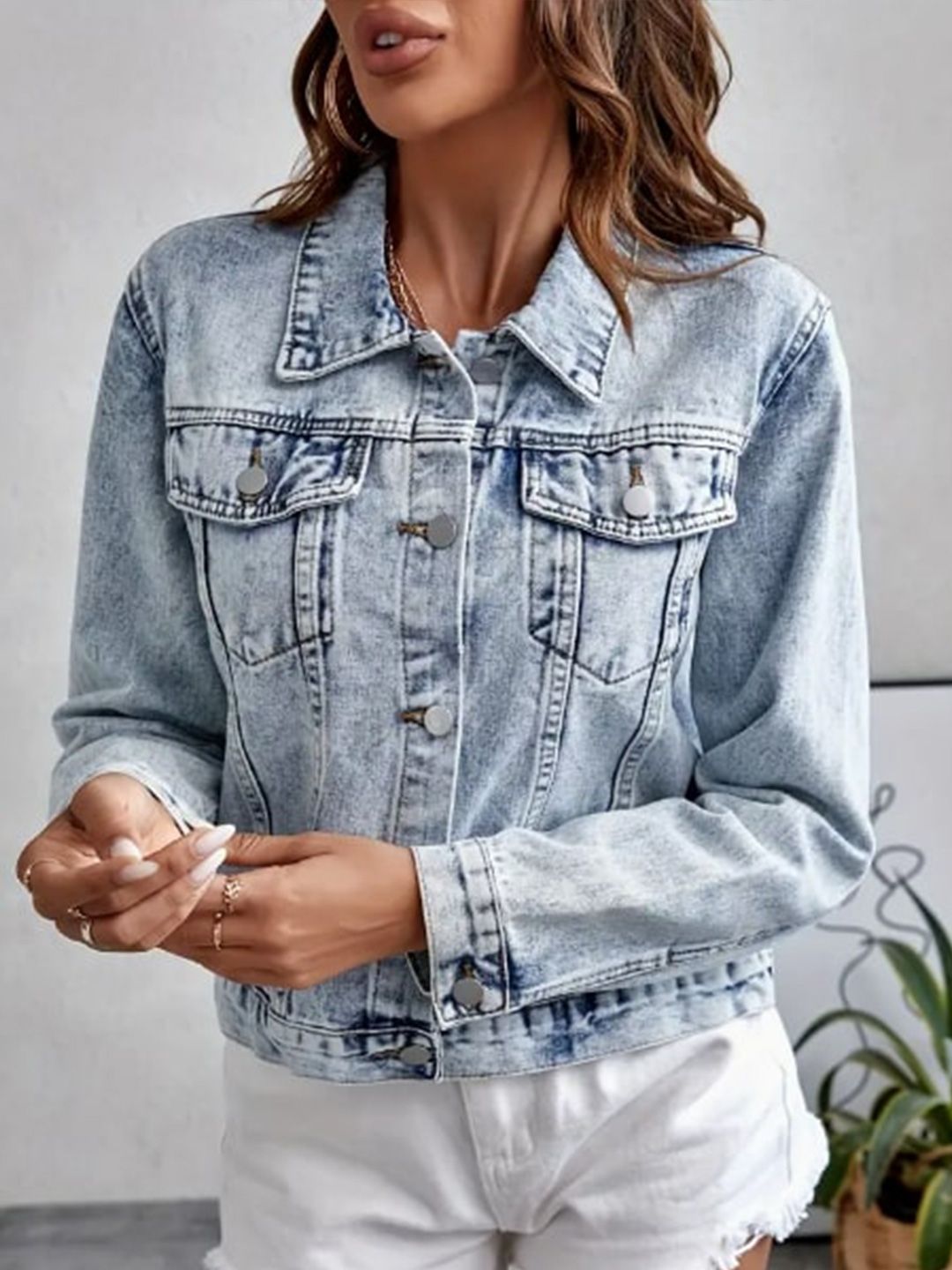 LILY BUDS Women Washed Biker Jacket with Patchwork