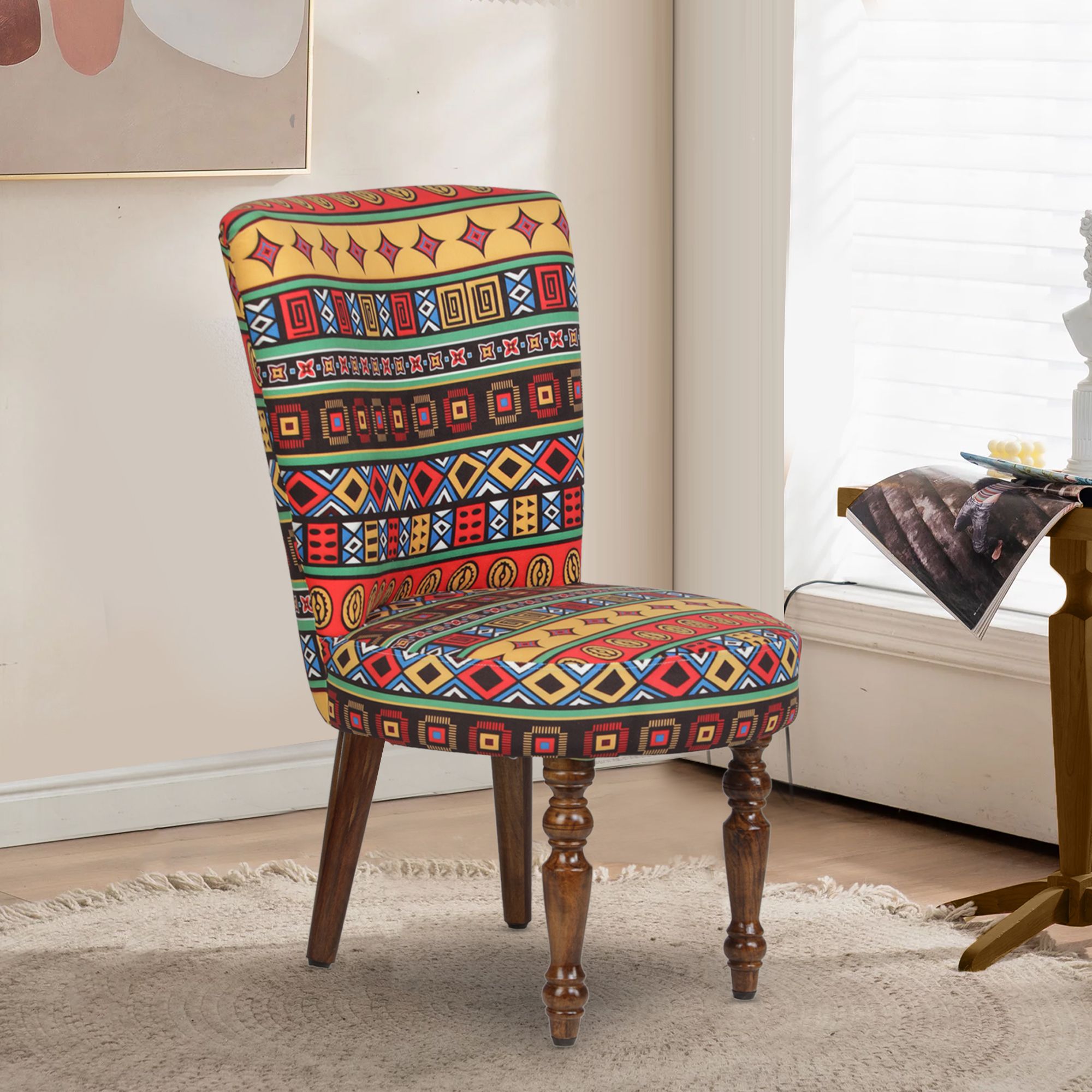 GLOBALLY INDIAN Yellow And Red Vintage Style Short Heighted Accent Chair