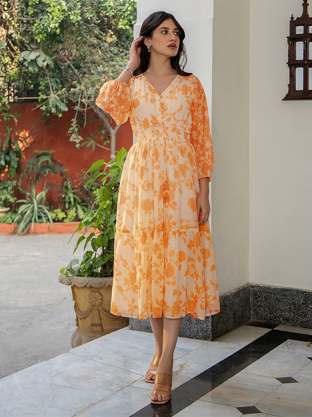 Janasya Women's Dobby Orange Georgette Floral Printed Fit & Flare Dress