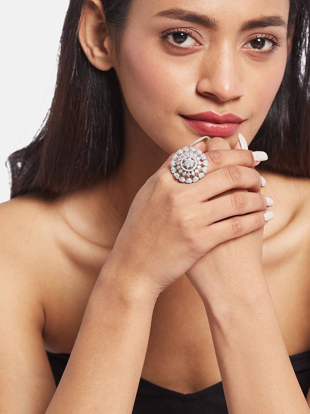 ATIBELLE Silver Plated CZ Stone Studded Finger Ring