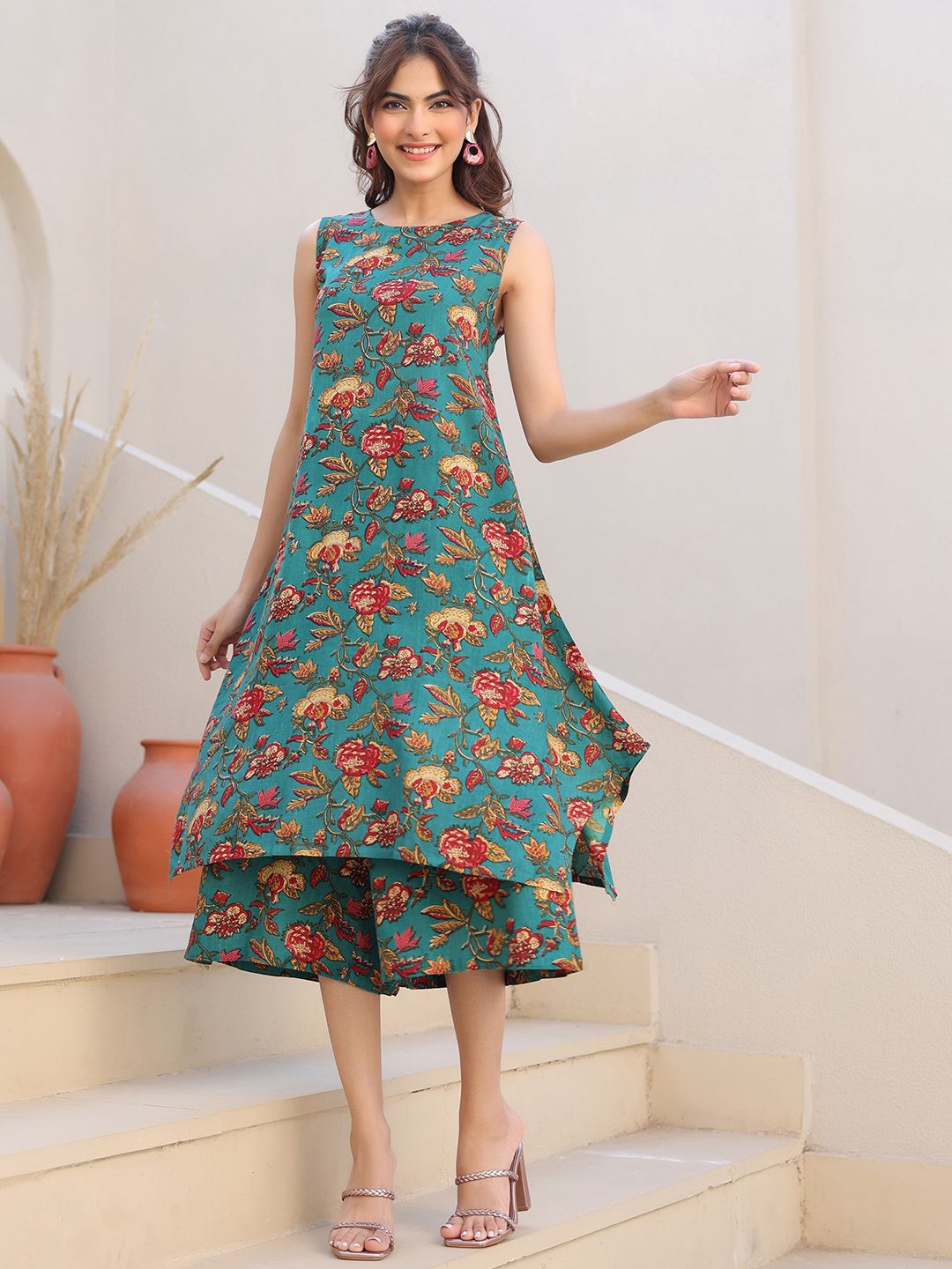 Janasya Women's Green Rayon Floral Printed A-line Kurta With Culotte Pant Set