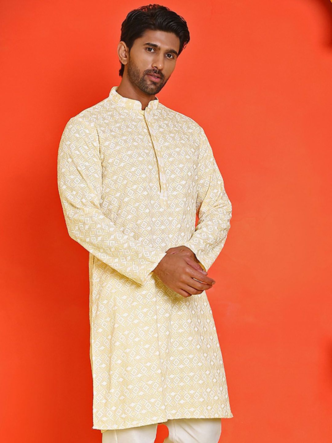 Jompers Men Geometric Embroidered Chikankari Kurta-picture-10