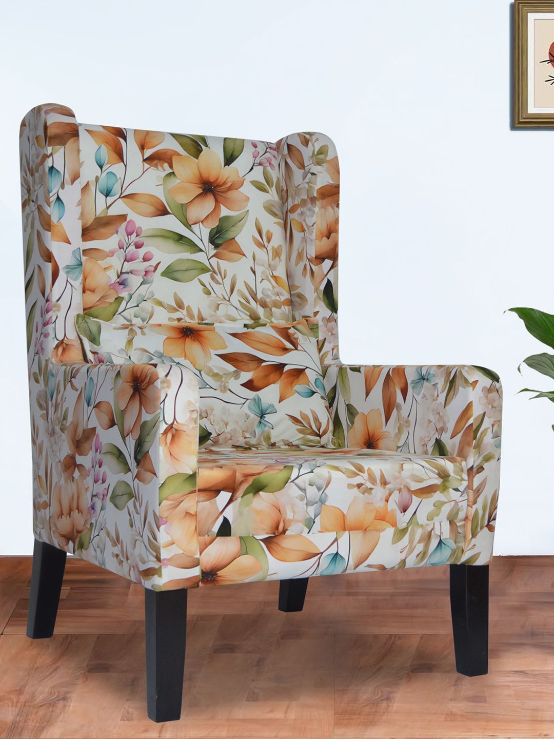 GLOBALLY INDIAN Beige And Orange Printed Wingback Wooden Lounge Chair