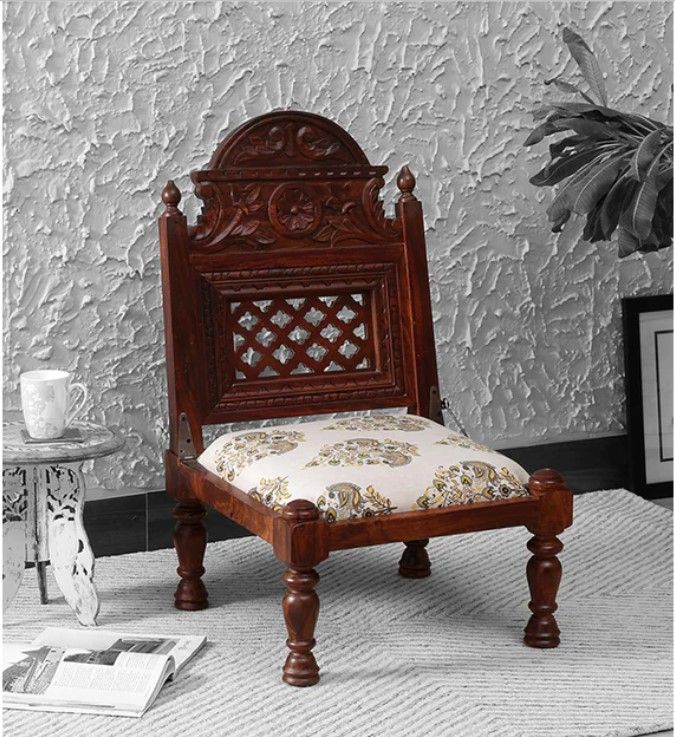 GLOBALLY INDIAN Beige & Brown Wooden Carved Accent-Style Lounge Chair
