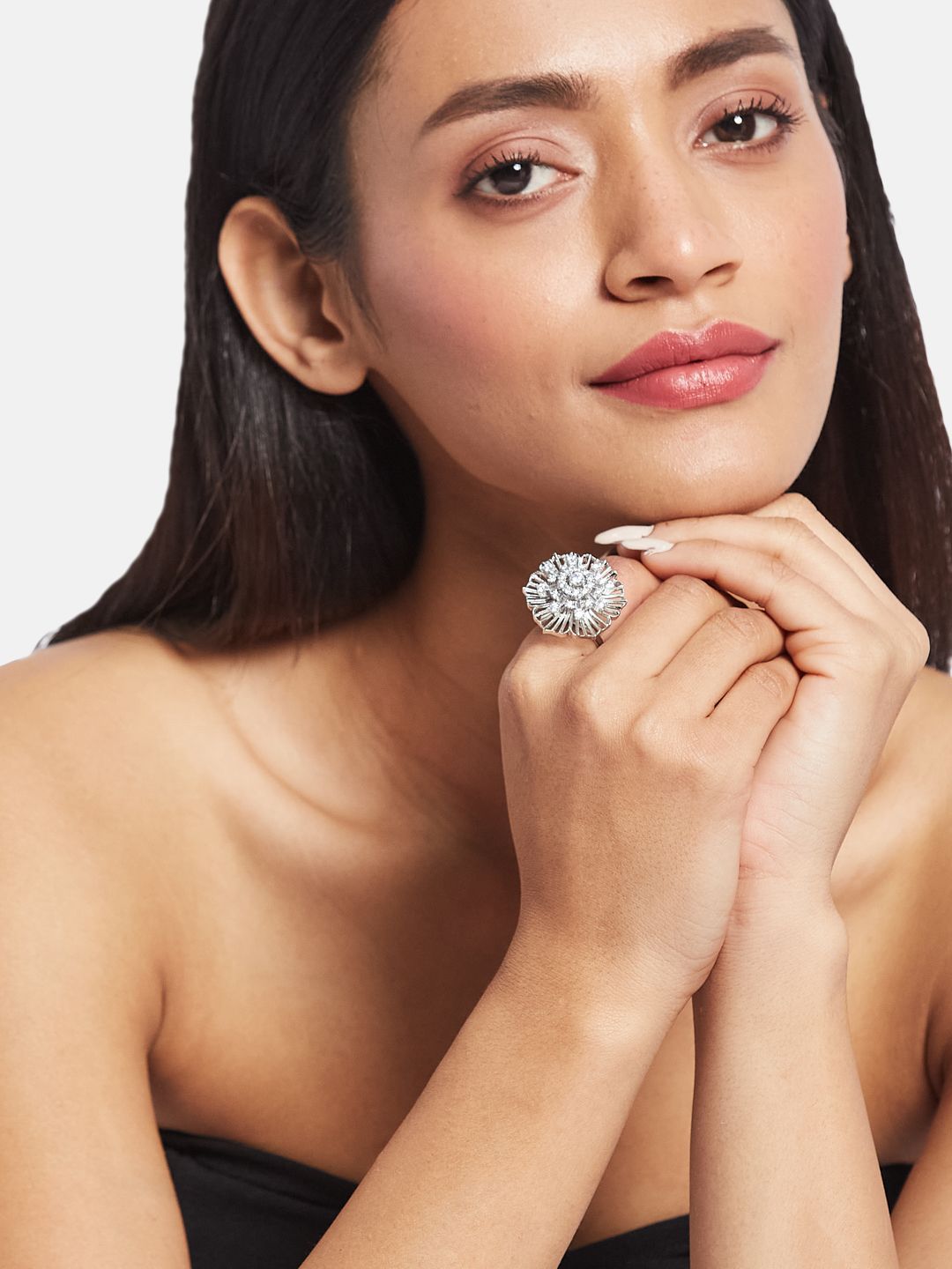 ATIBELLE Silver Plated CZ Stone Studded Finger Ring