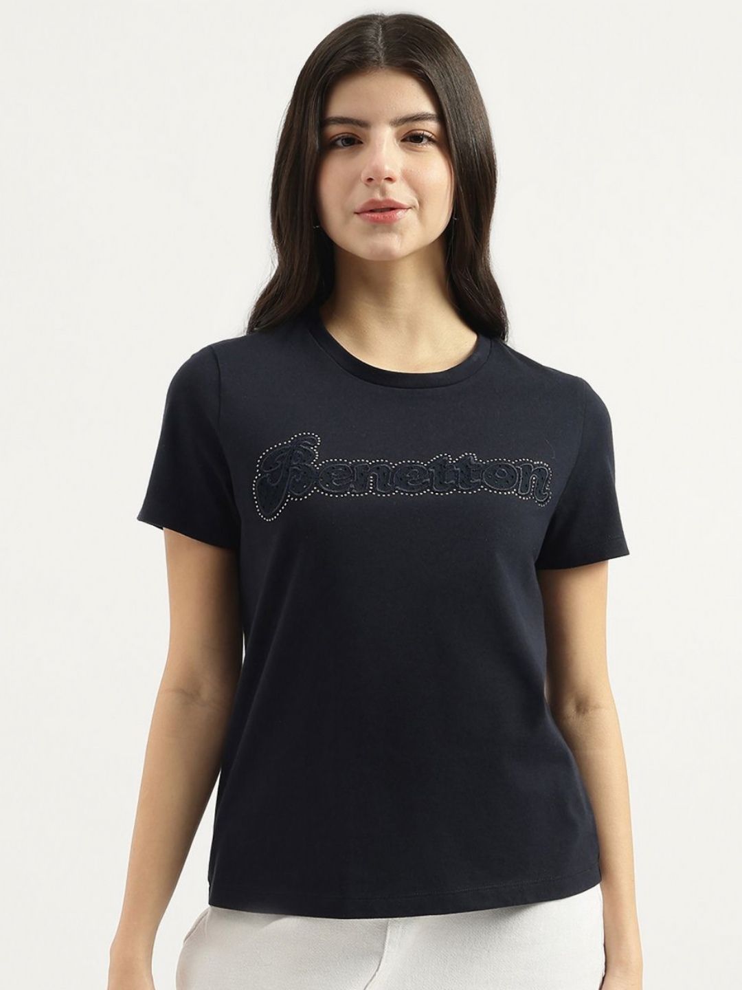 United Colors of Benetton Round Neck Schiffli Crystal T-shirt