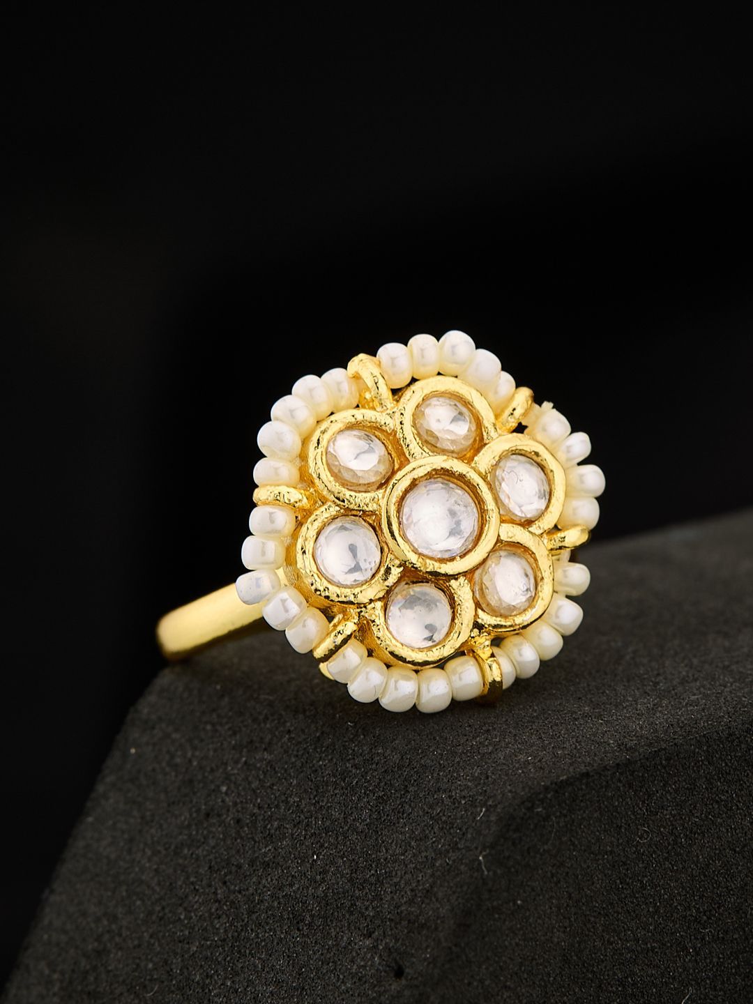 ATIBELLE Gold Plated Kundan Stone Studded & Beaded Finger Ring