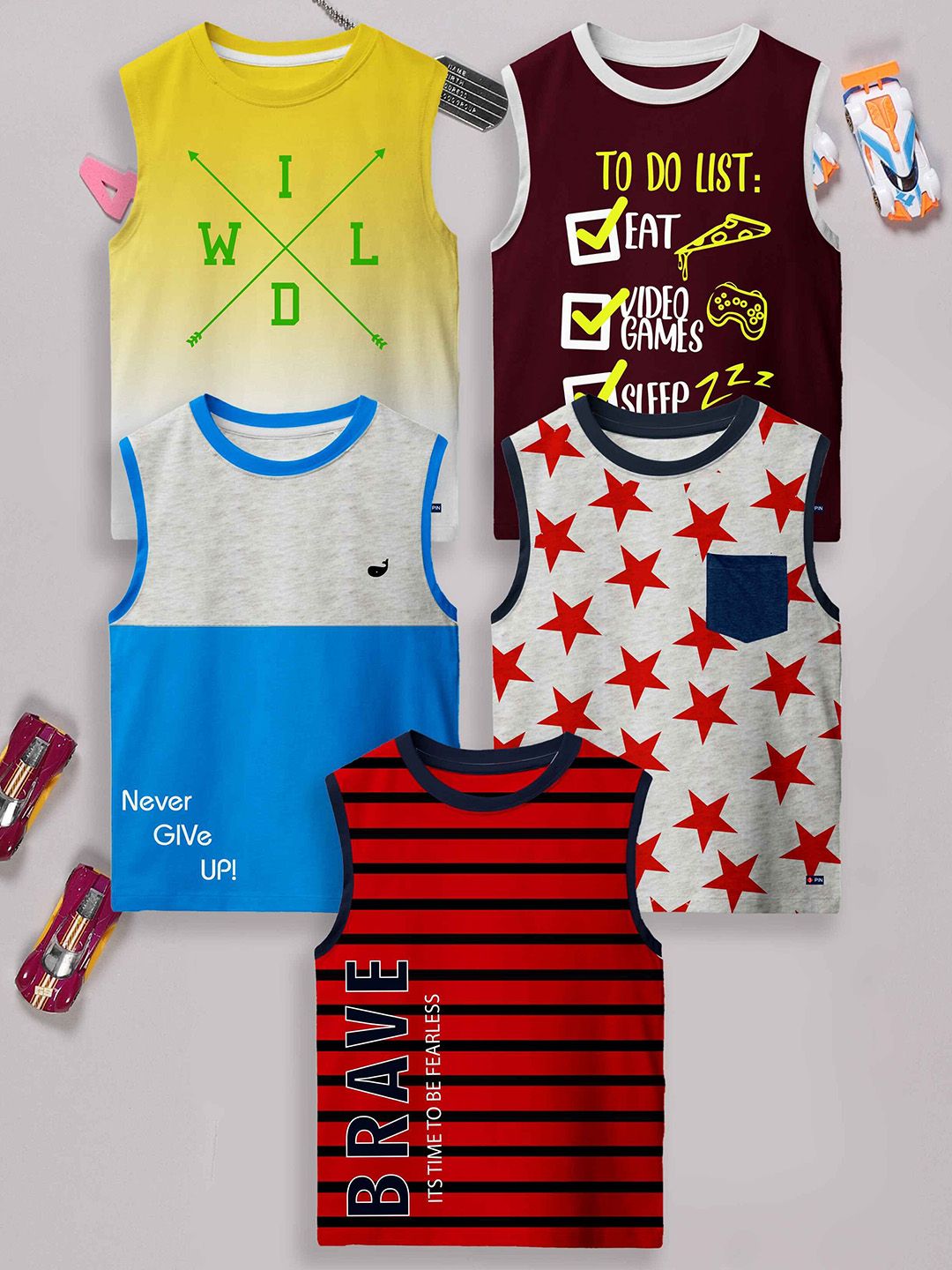 3PIN Pack Of 5 Printed Pure Cotton Boys Basic VestsTOBIAS-picture-11