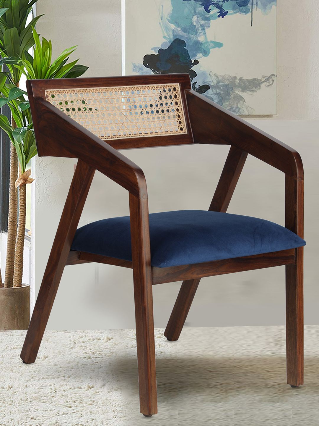 GLOBALLY INDIAN Navy Blue And Brown Cane-Back Accent Wooden Lounge Chair