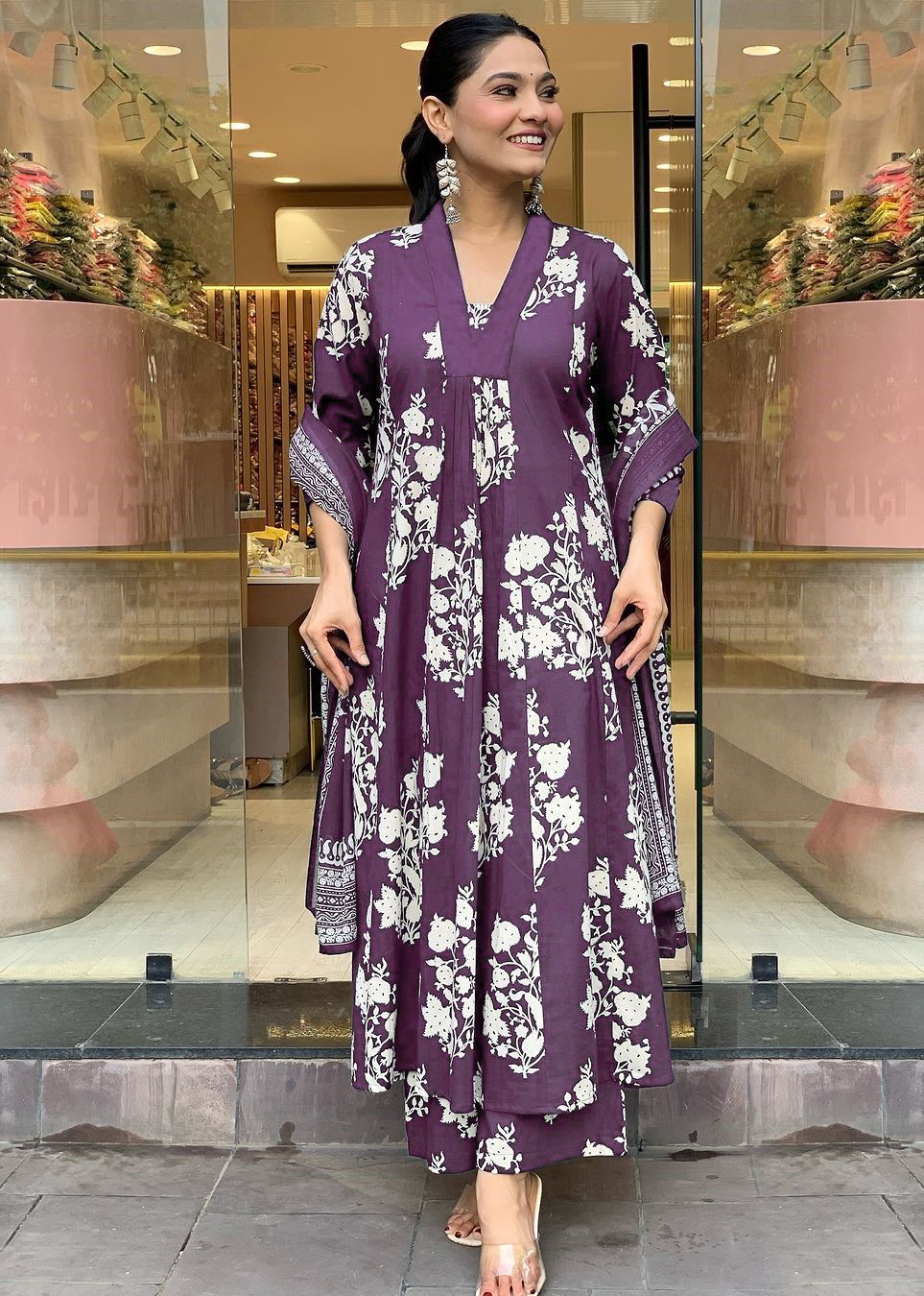 Floral Printed Sequinned Sweetheart Neck Anarkali Kurta With Palazzo & Dupatta main image 0