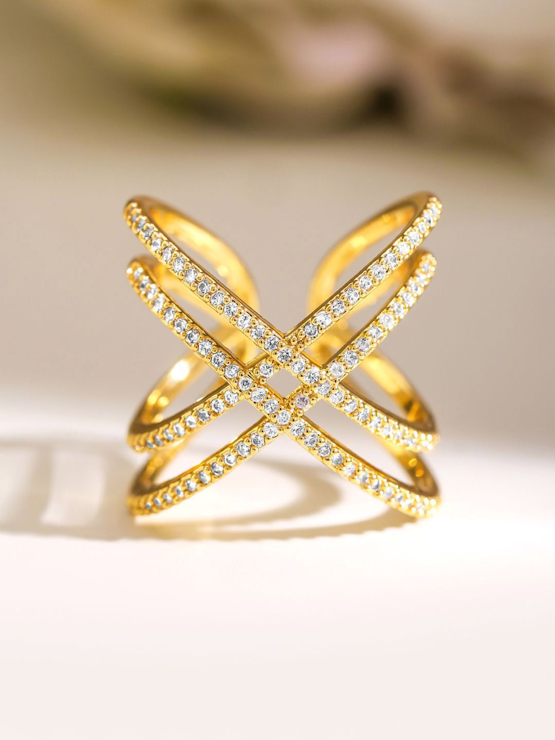 Rubans 18K Gold-Plated Cubic Zirconia-Studded Criss-Cross Finger Ring-picture-46