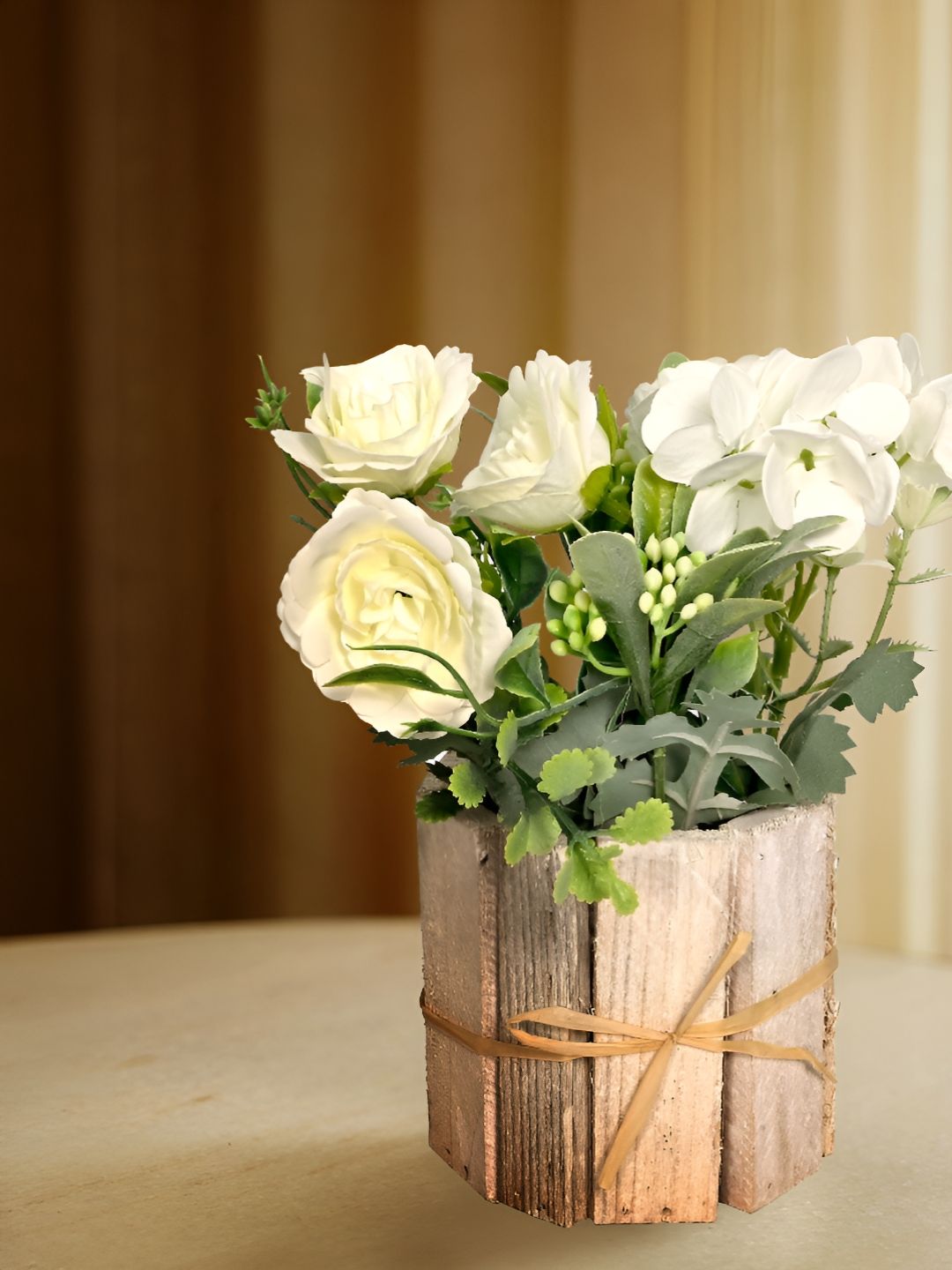 Cortina White And Green Peony Artificial Flower With Wooden Pot-picture-20