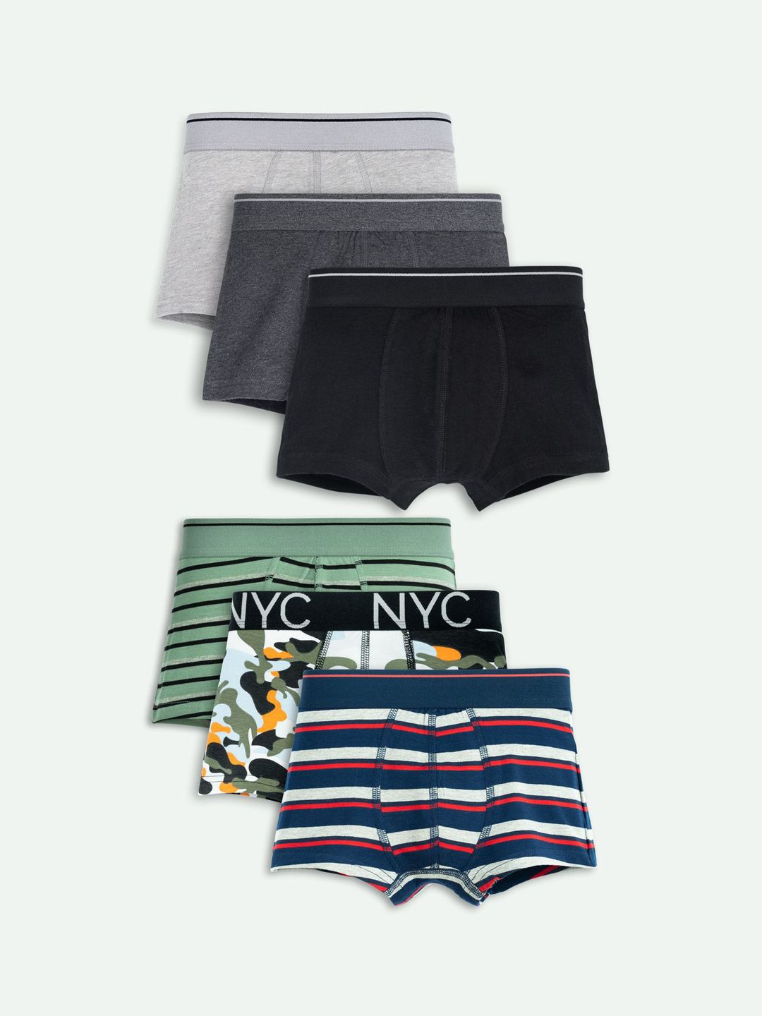 ariel Boys Pack Of 6 Assorted Printed Trunks AR-BT-P6-grey_green_str