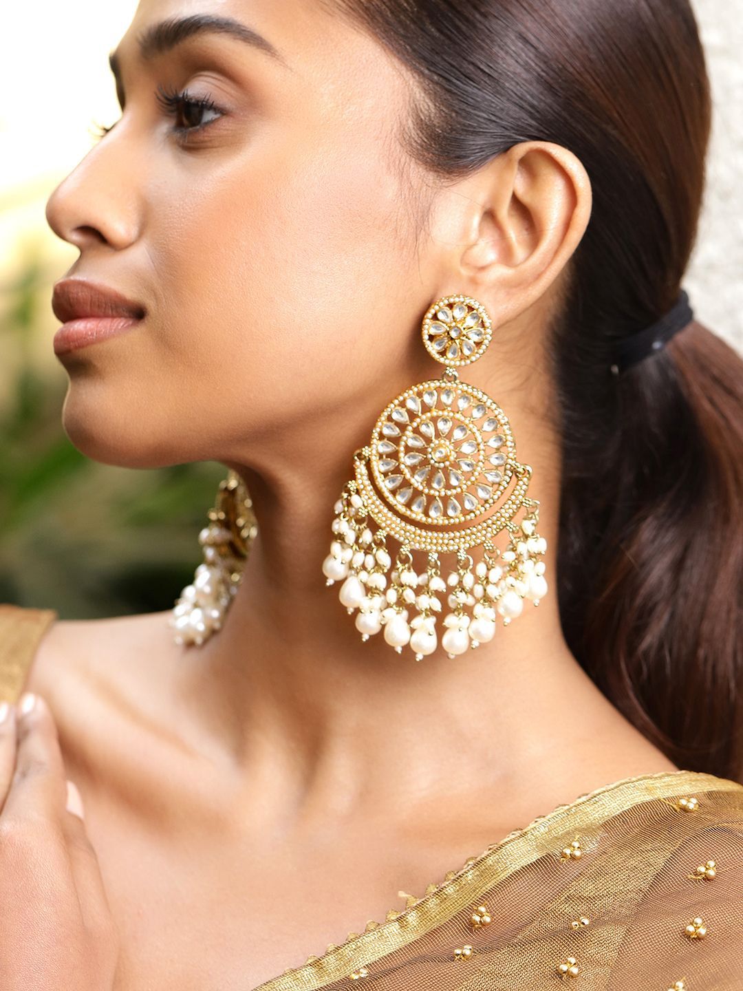 Rubans 18K Gold-Plated Studded & Pearls Beaded Contemporary Shaped Drop Earrings-picture-40