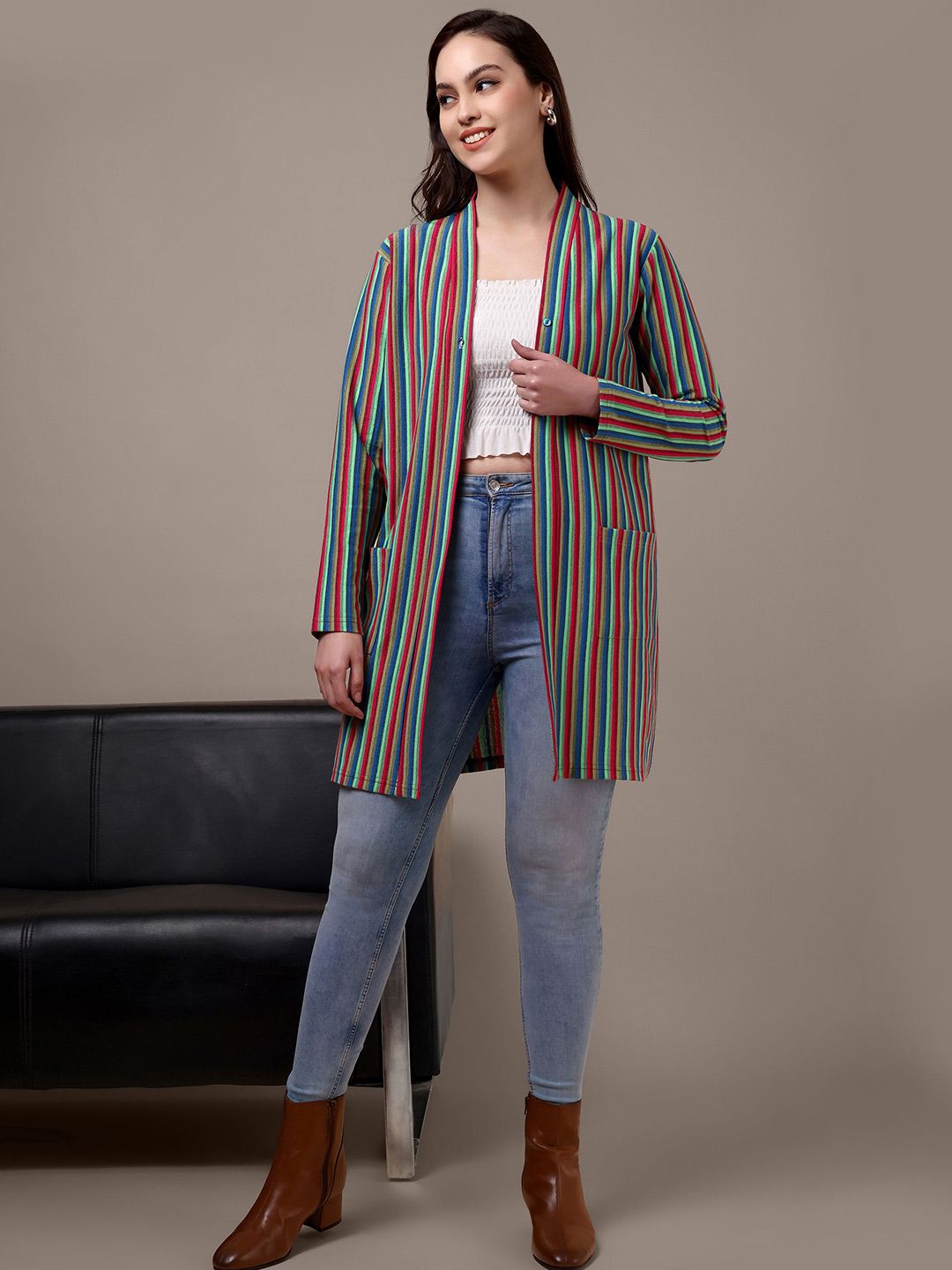 HEATHEX Striped Embellished Longline Open Front Cotton Shrug-image-10
