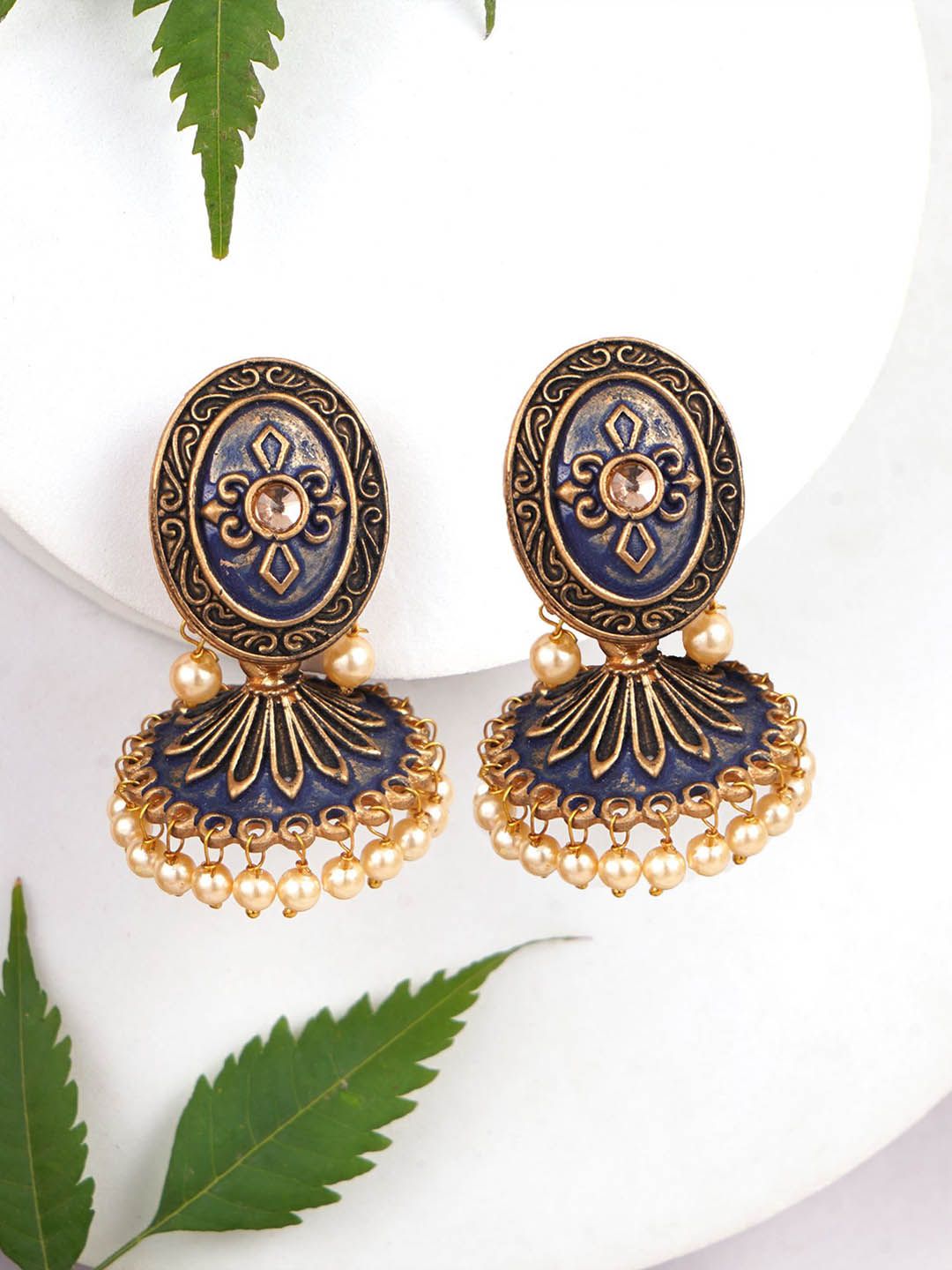 Adwitiya Collection Gold-Plated Artificial Stones Studded Dome Shaped Drop Earrings-picture-25