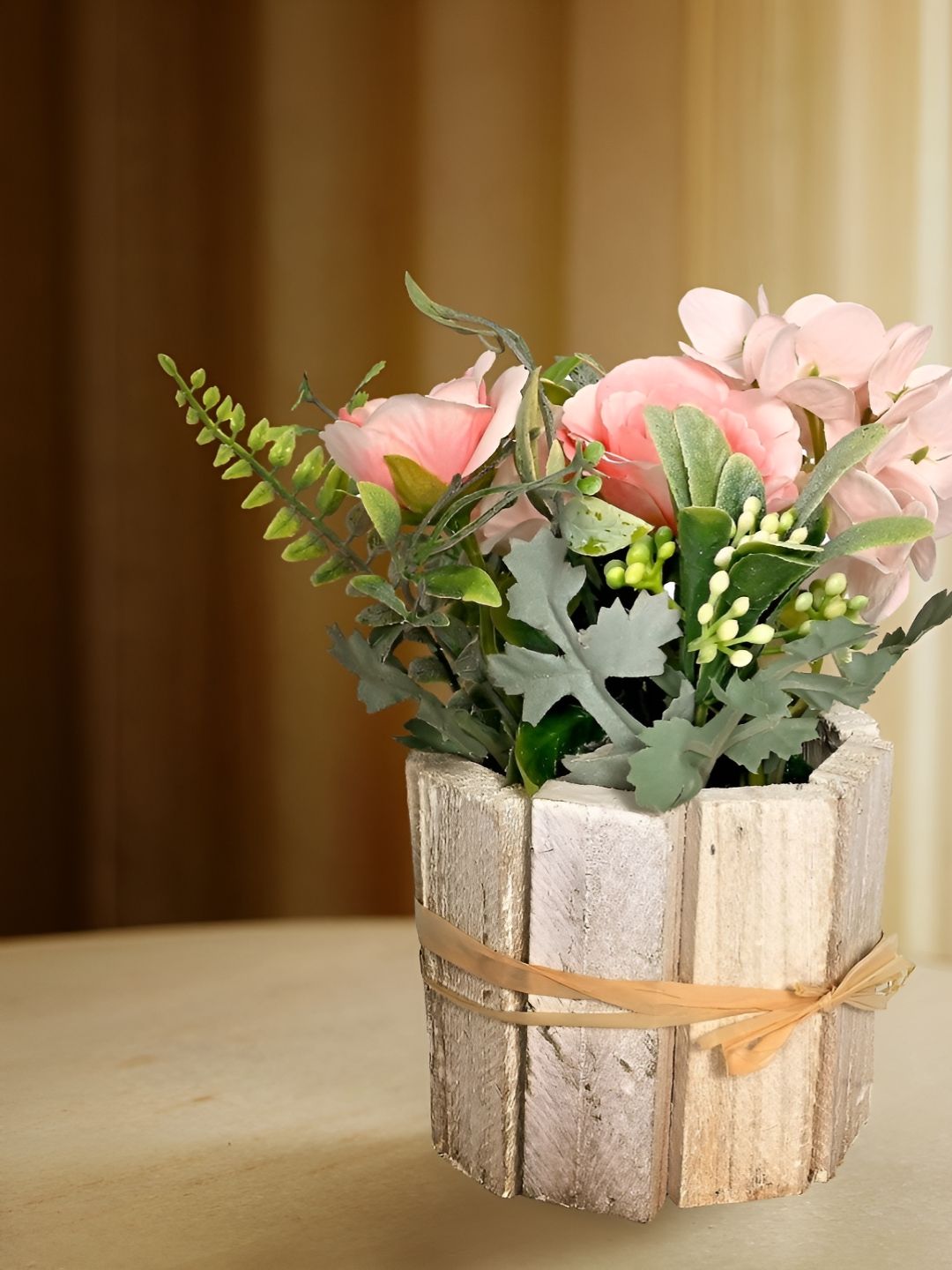 Cortina Pink And Green Rose Artificial Flower With Wooden Pot-picture-21