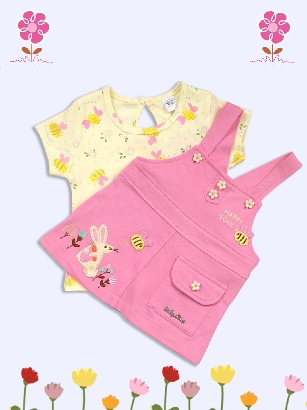 Babys Day Infant Girls Printed Pure Cotton Dungaree With Half Sleeve Top & Brief-picture-29