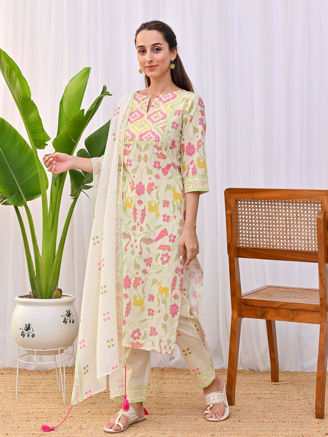 Orange Printed Cotton Blend Straight Kurta Sets With Dupatta