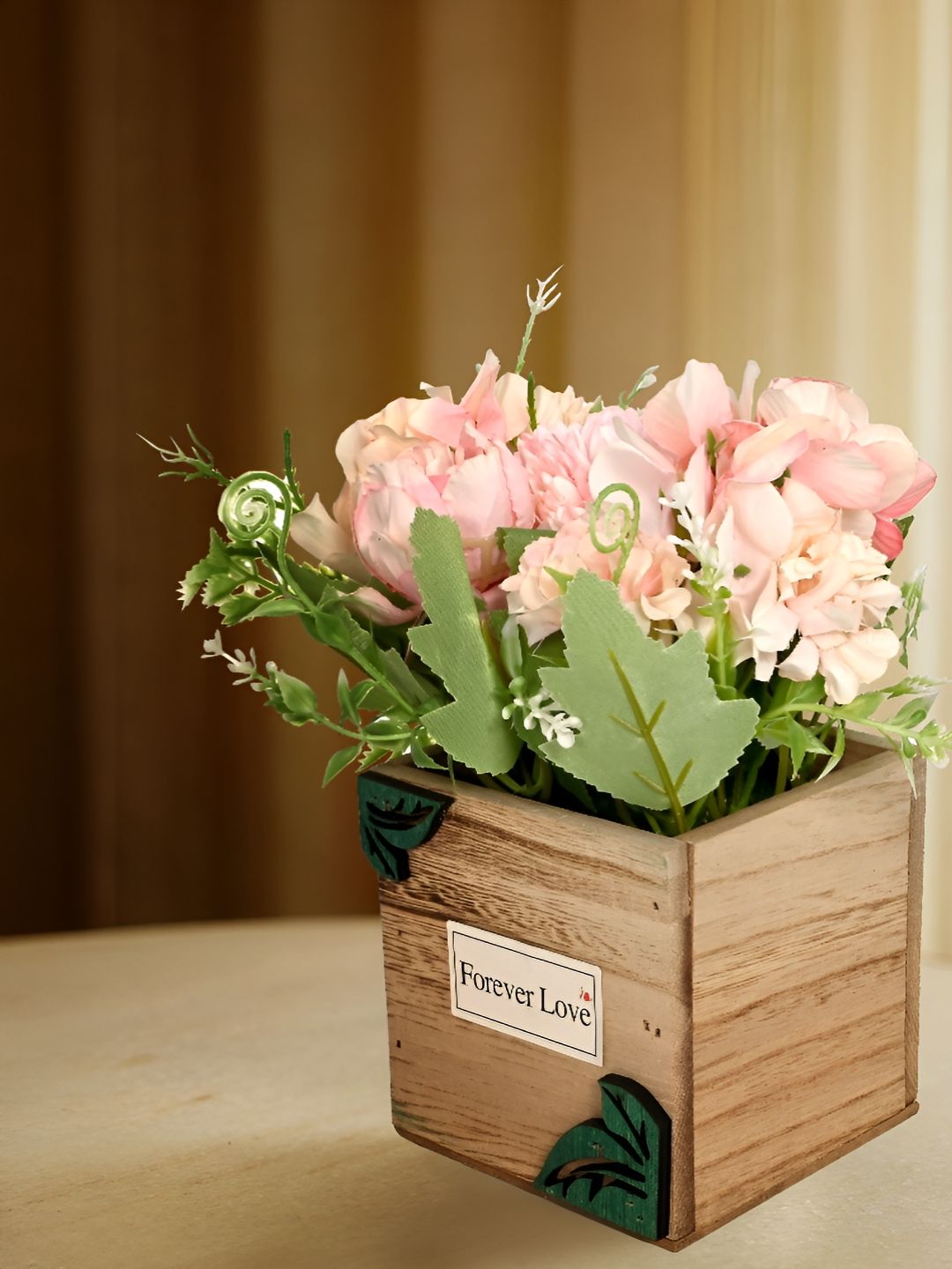 Cortina Pink And Green Peony Artificial Flower With Wooden Pot-picture-41