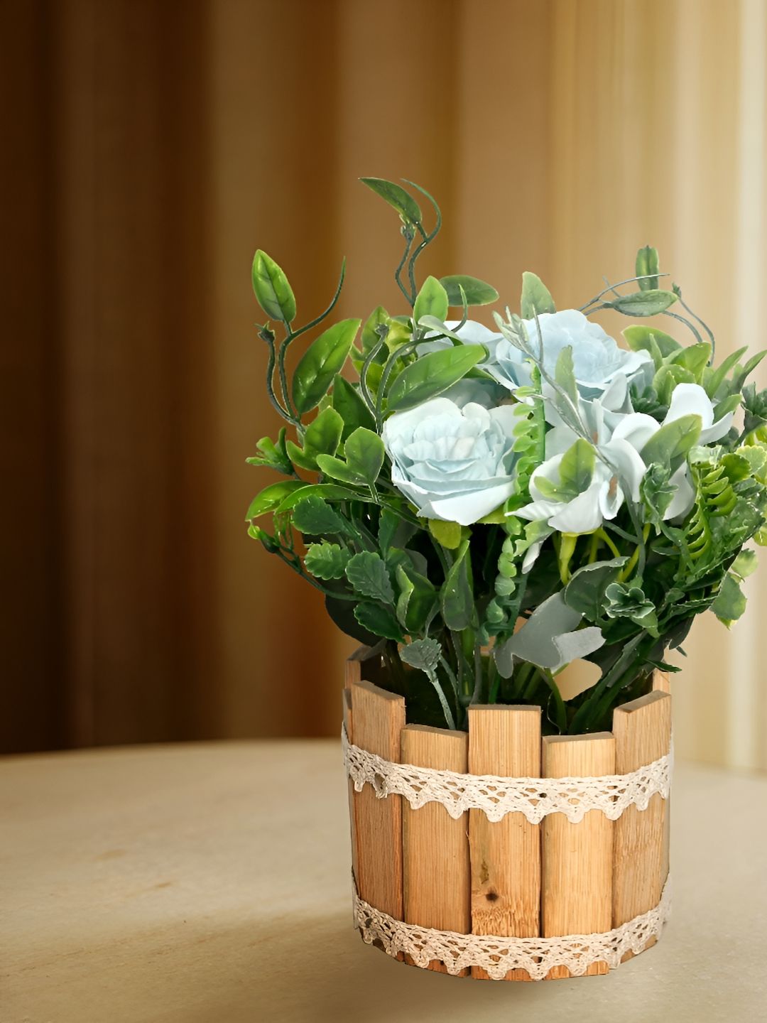 Cortina White And Green Peony Artificial Flower With Wooden Pot-picture-35