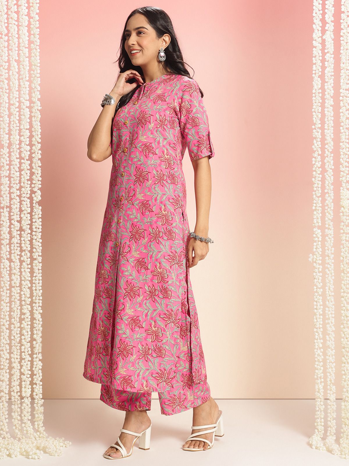 Women Yellow Floral Yoke Design Mandarin Collar A-Line Kurta with Trousers & Dupatta