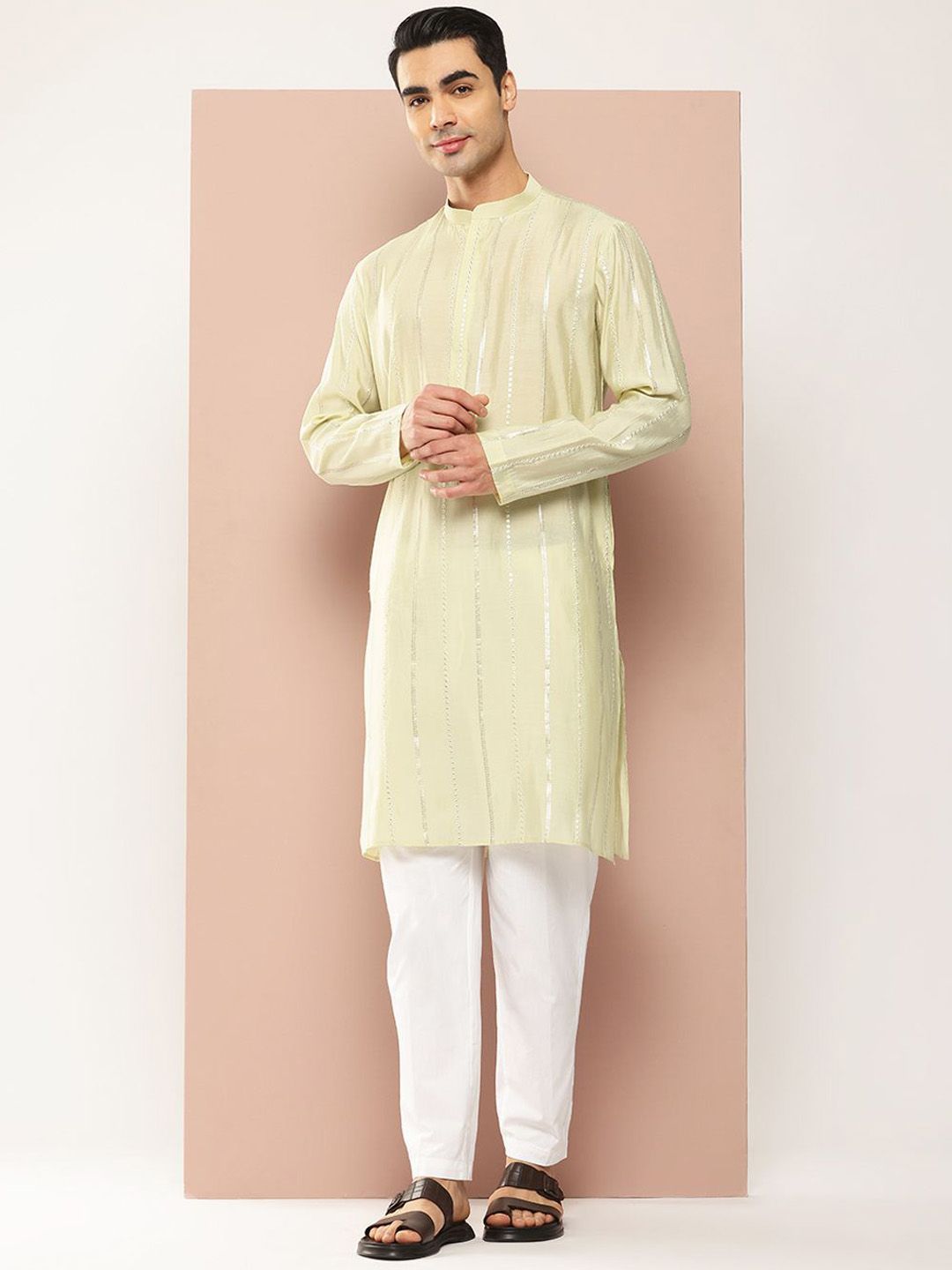 See Designs Striped Embroidered Sequinned Mandarin Collar Chanderi Silk Straight Kurta-picture-20