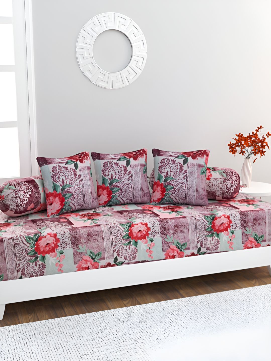 HOME AFFAIRS 6-Pcs Grey & Red Printed Cotton 220 Thread Count Cotton Single Diwan Set-picture-15