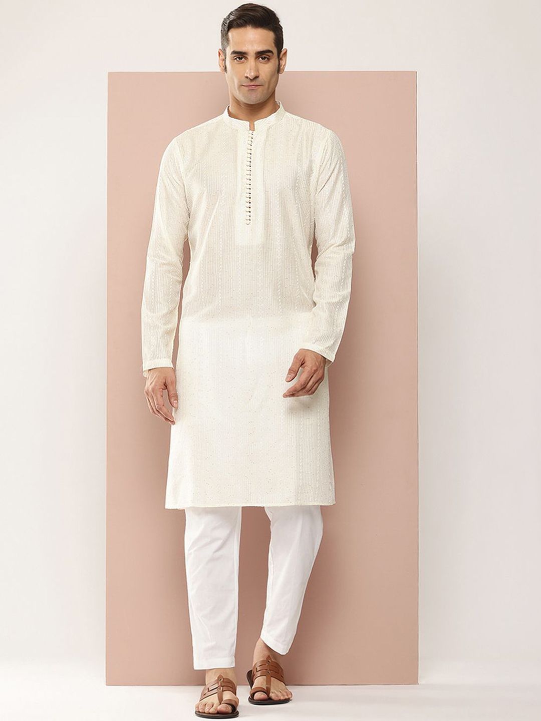 See Designs Geometric Embroidered Mandarin Collar Sequinned Chanderi Silk Straight Kurta-image-42