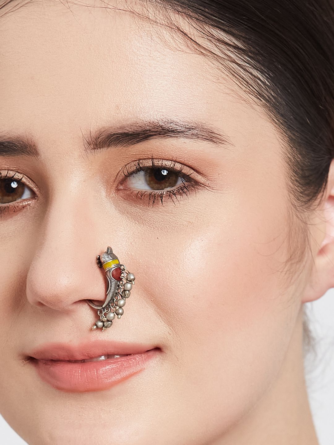 ATIBELLE German Silver Plated Meenakari Inspired Bird Shaped Beaded Nose Pin