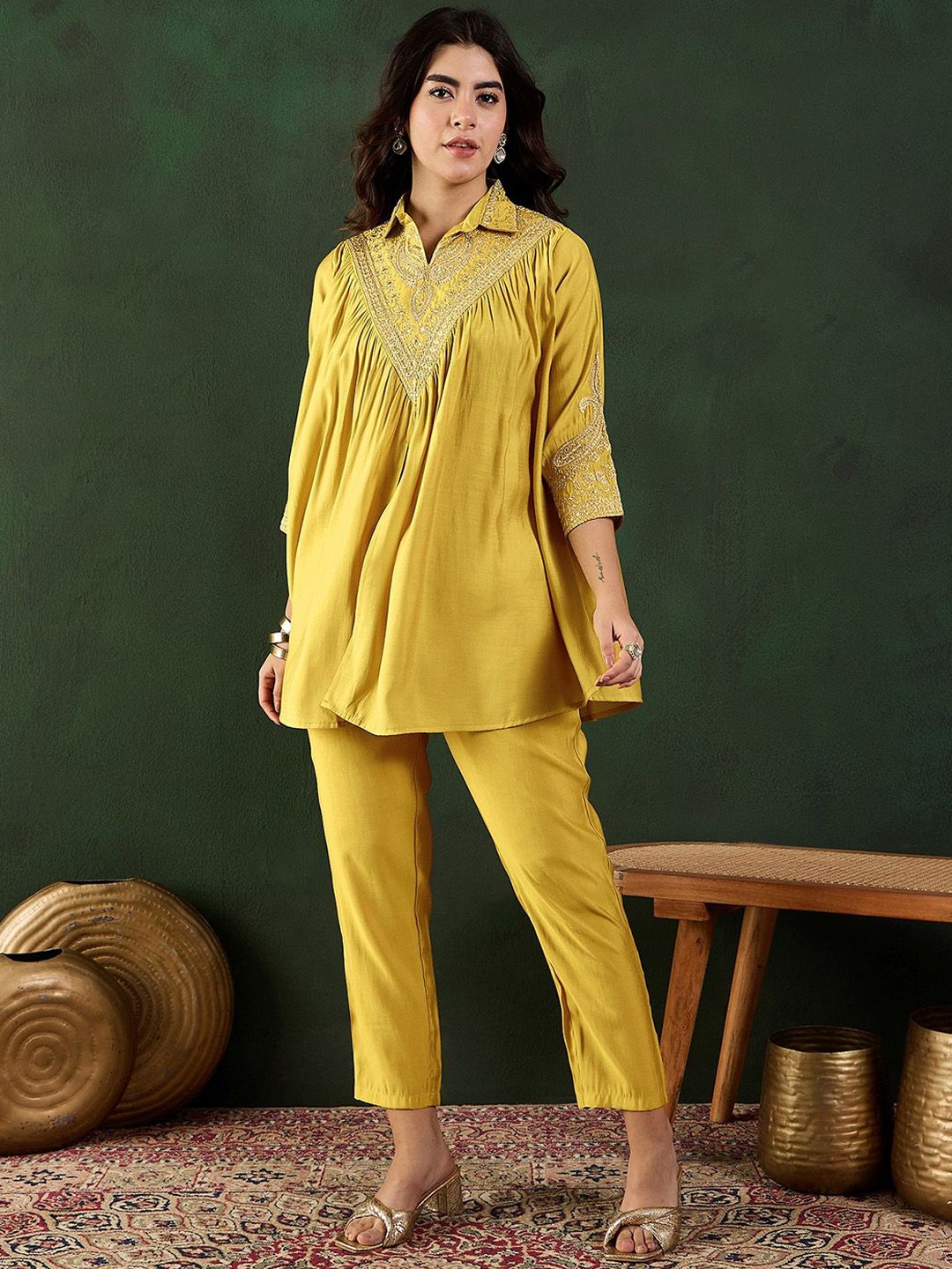 Sangria Yellow Floral Embellished Shirt Collar Tunic With Trouser-image-31