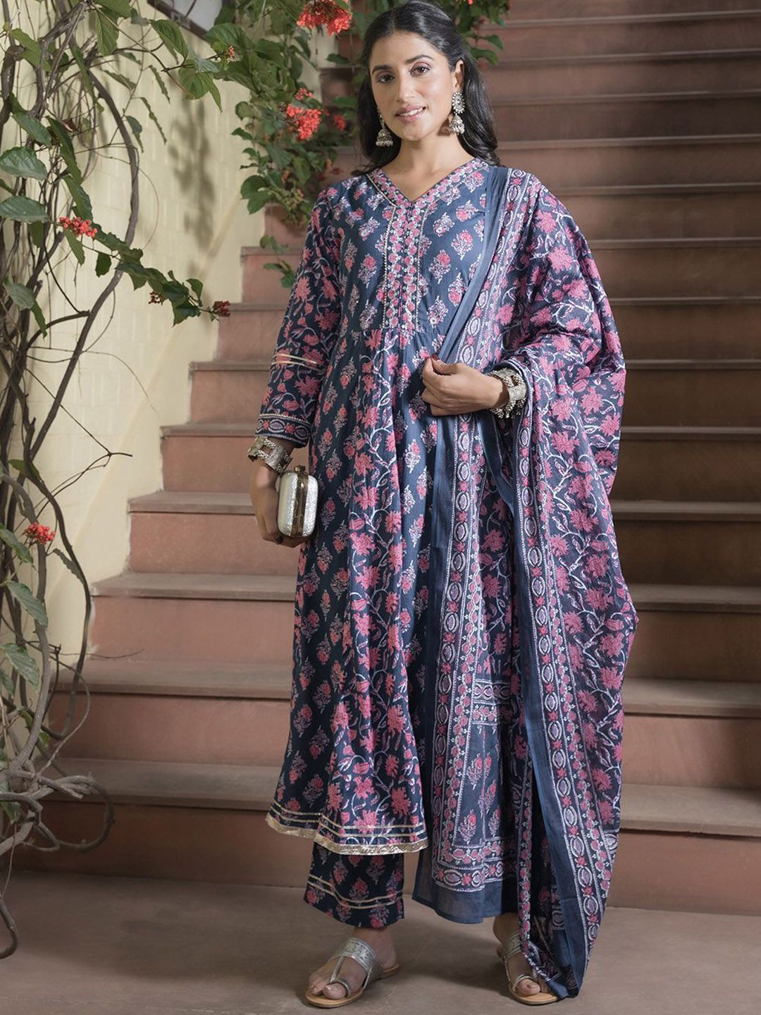 Women's Blue Ethnic Motifs Printed Bell Sleeves Gotta Patti Kurta Set With Dupatta