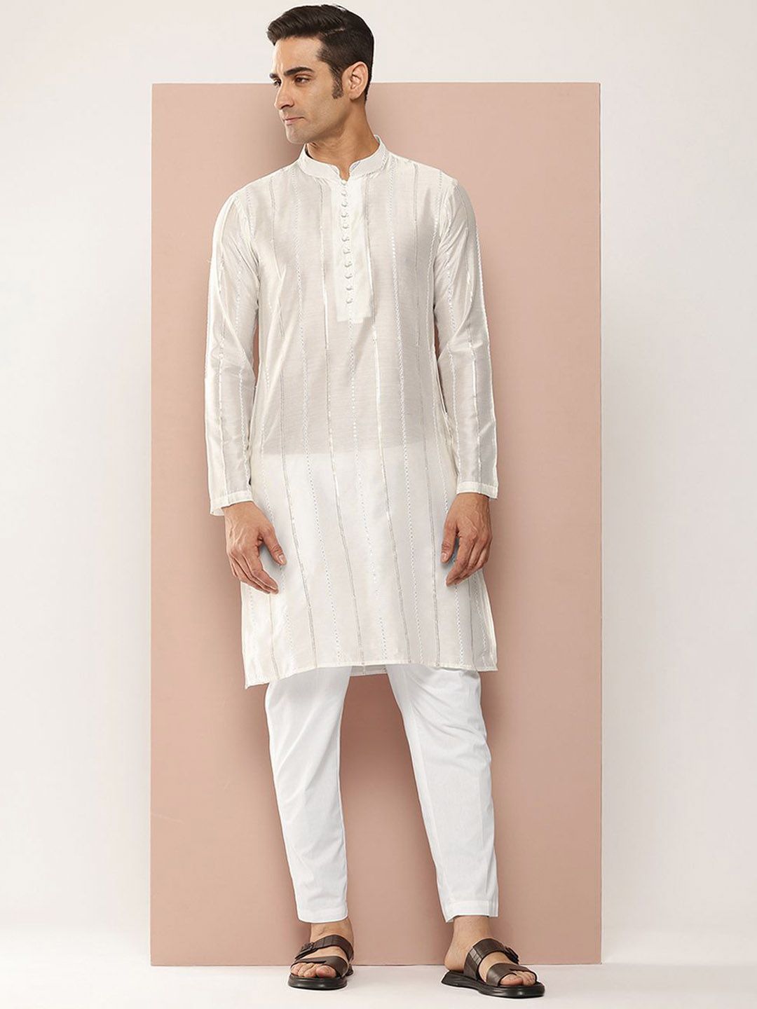 See Designs Mandarin Collar Striped Embroidered Sequinned Chanderi Silk Straight Kurta-picture-36