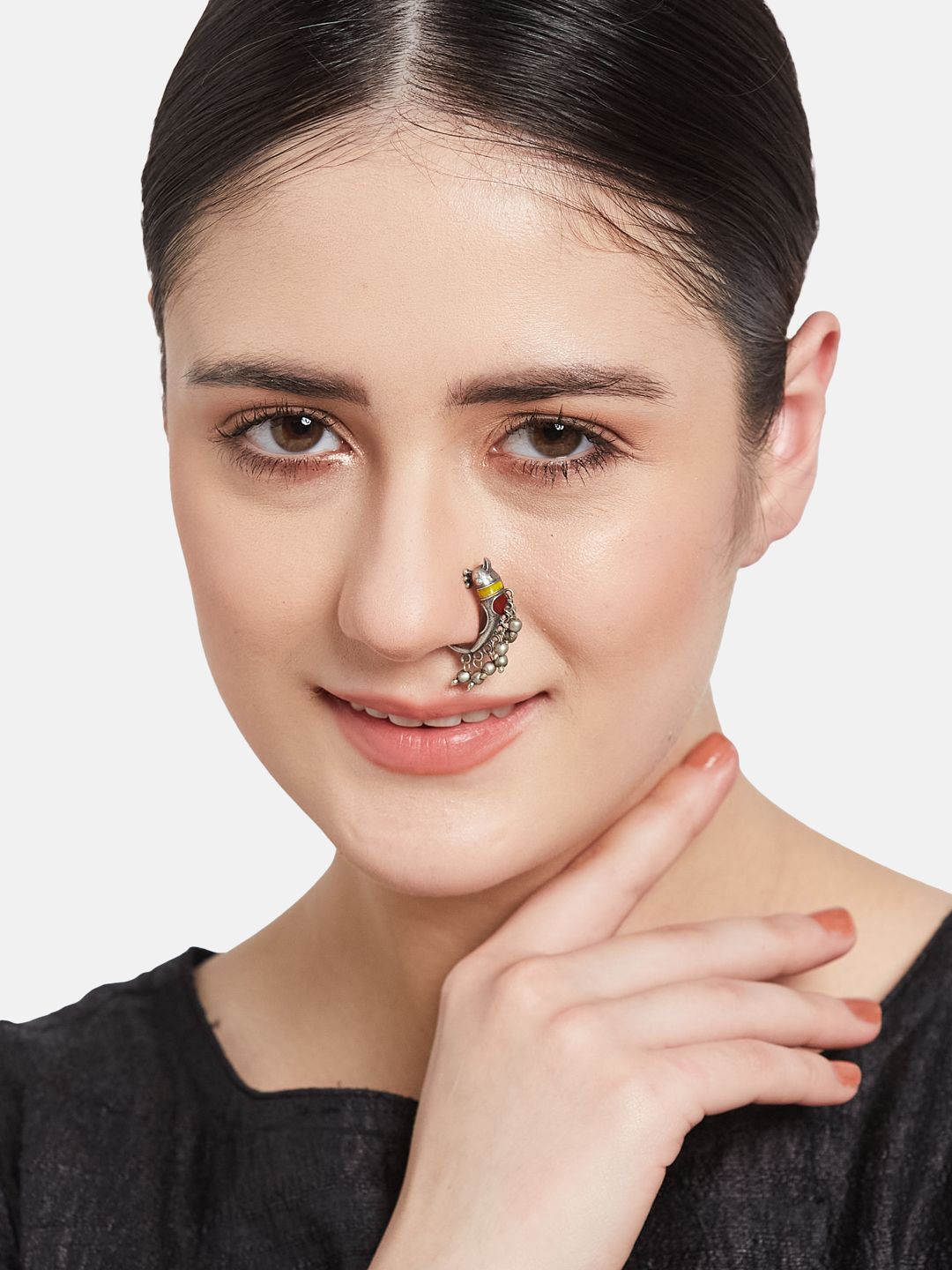 ATIBELLE German Silver Plated Meenakari Inspired Bird Shaped Beaded Nose Pin