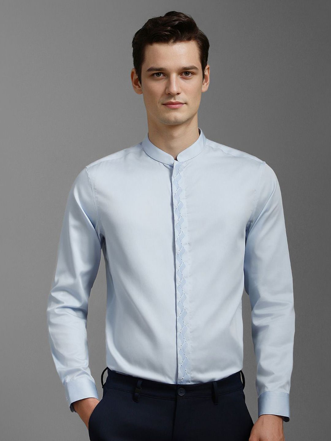 Louis Philippe Men Slim Fit Band Collar Solid Cotton Formal Shirt-picture-31