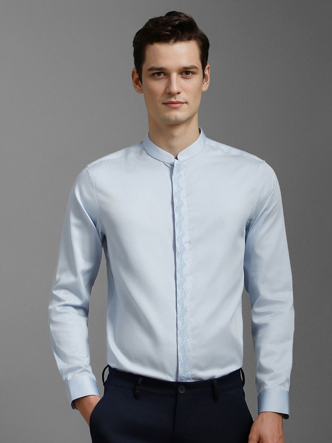 Louis Philippe Men Slim Fit Band Collar Solid Cotton Formal Shirt-picture-32