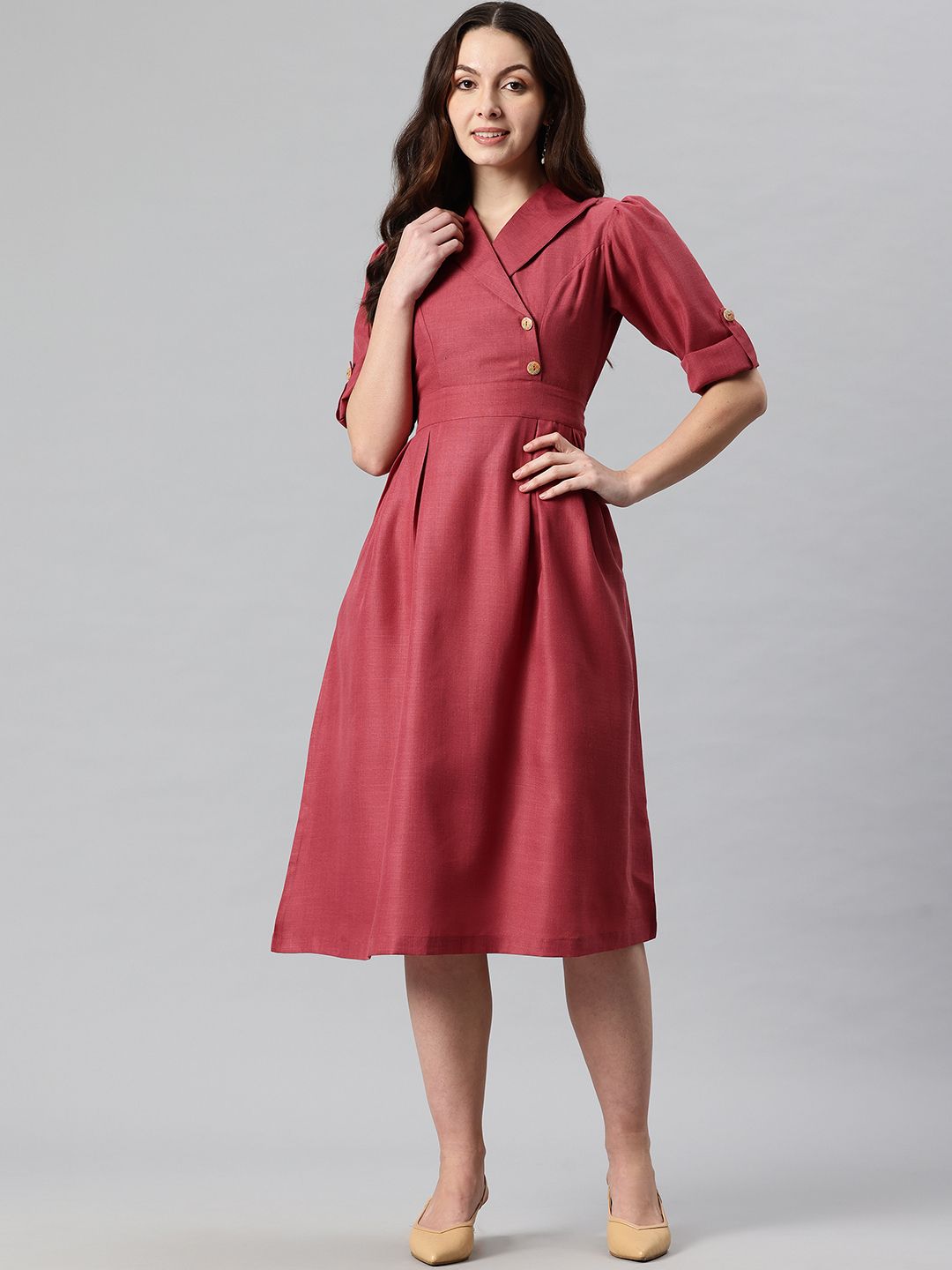 Cottinfab Solid Lapel Collar Roll Up Sleeves Midi Blazer Dress